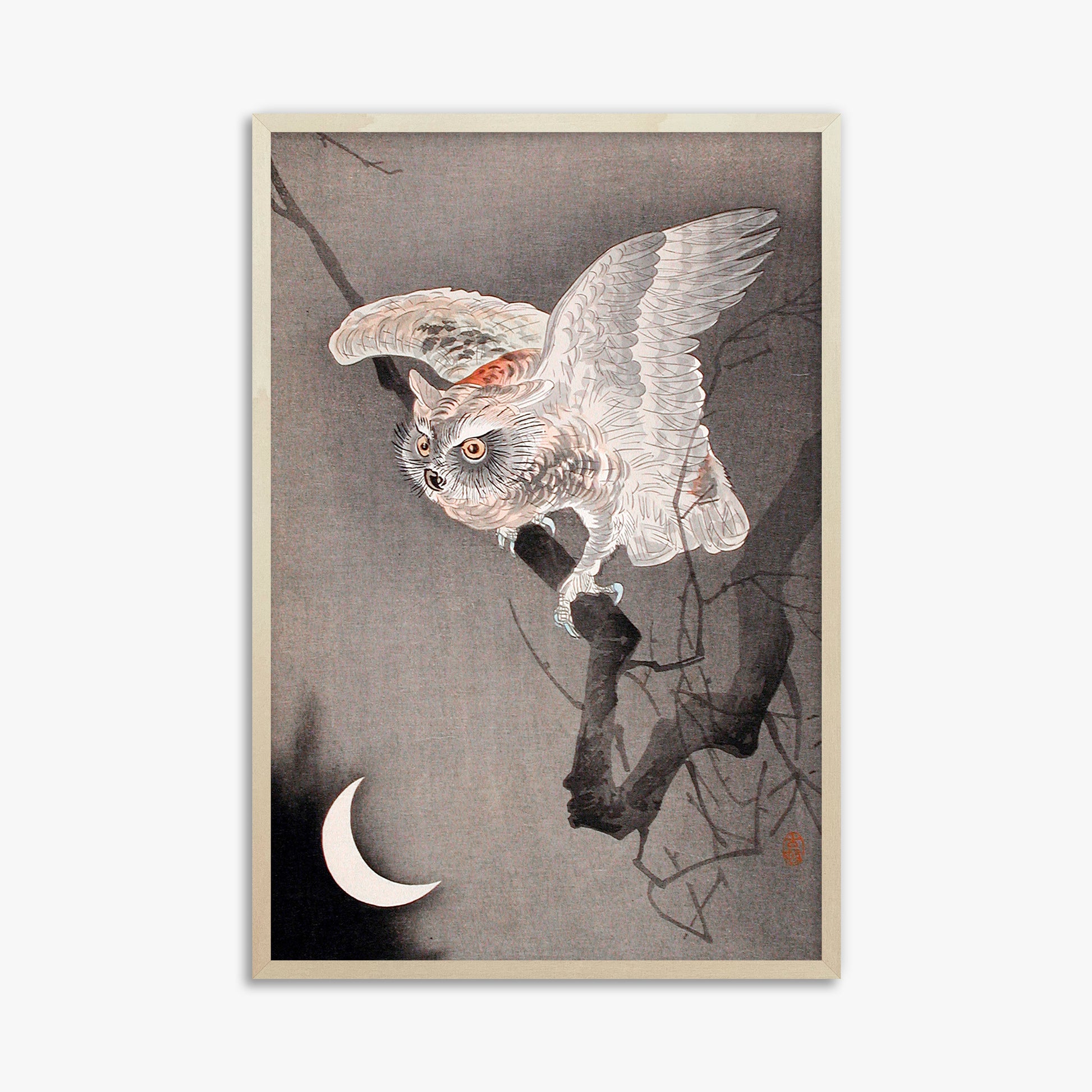 Ohara Koson: Scops Owl in Moonlight, 61x91cm Framed Art Reproduction With Lime Wood Frame