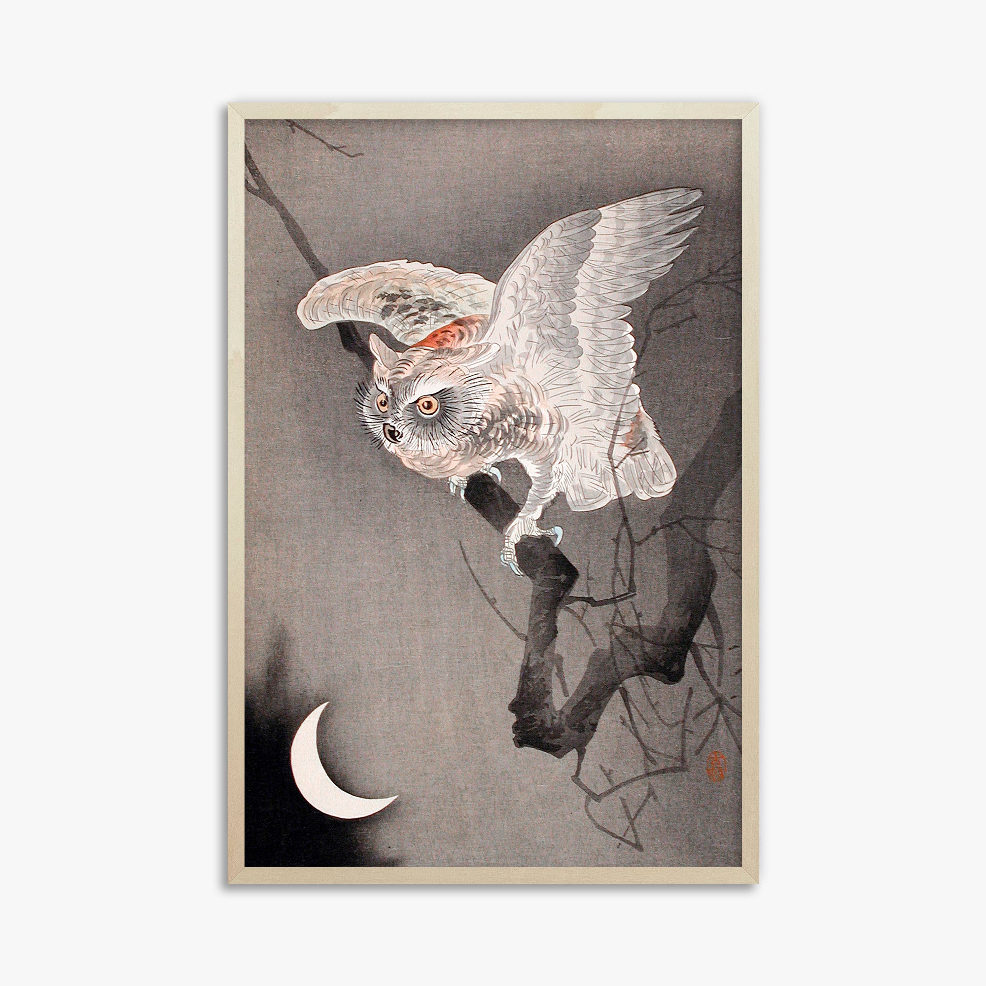 Ohara Koson: Scops Owl in Moonlight, 61x91cm Framed Art Reproduction With Lime Wood Frame
