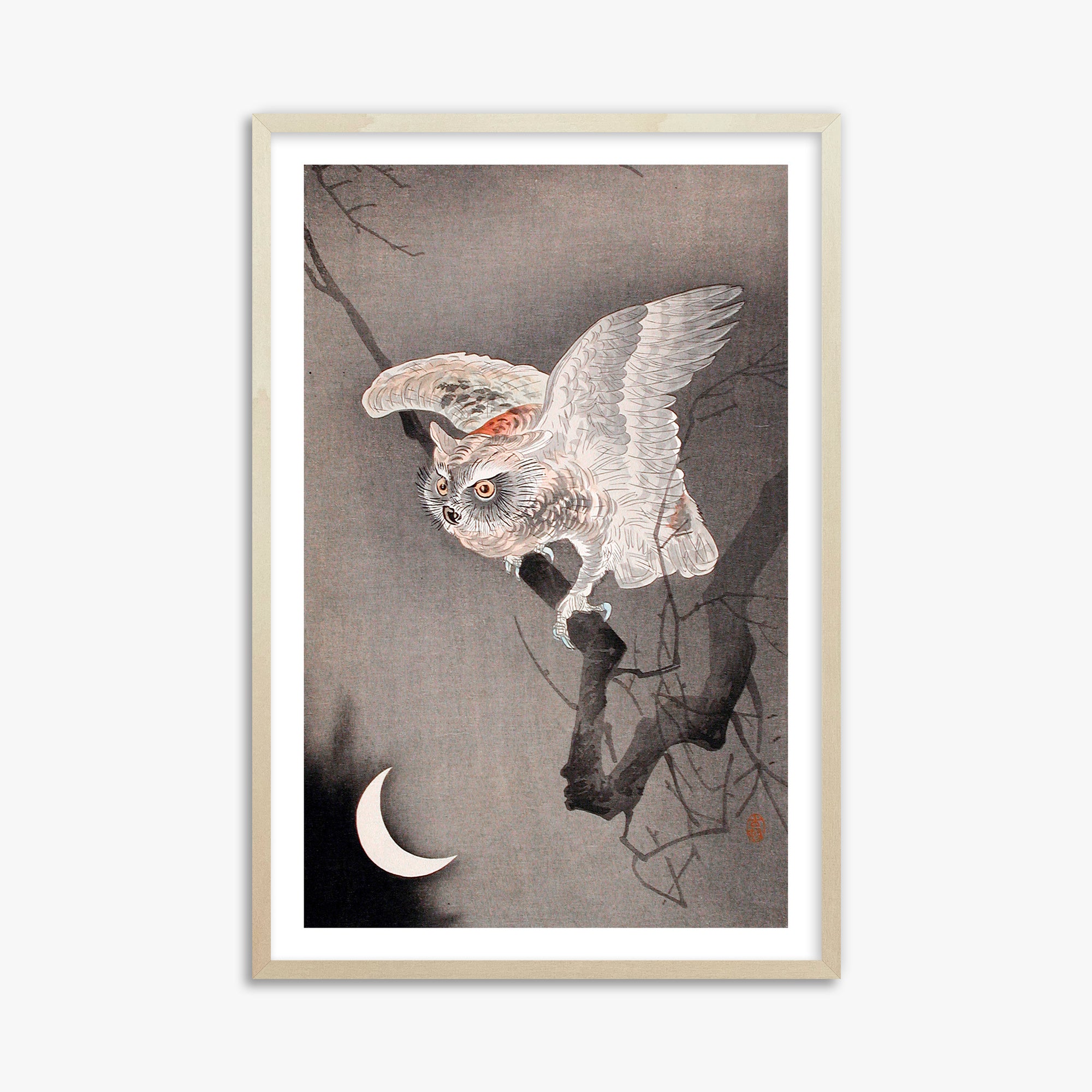 Ohara Koson: Scops Owl in Moonlight, 61x91cm Framed Art Reproduction With Lime Wood Frame