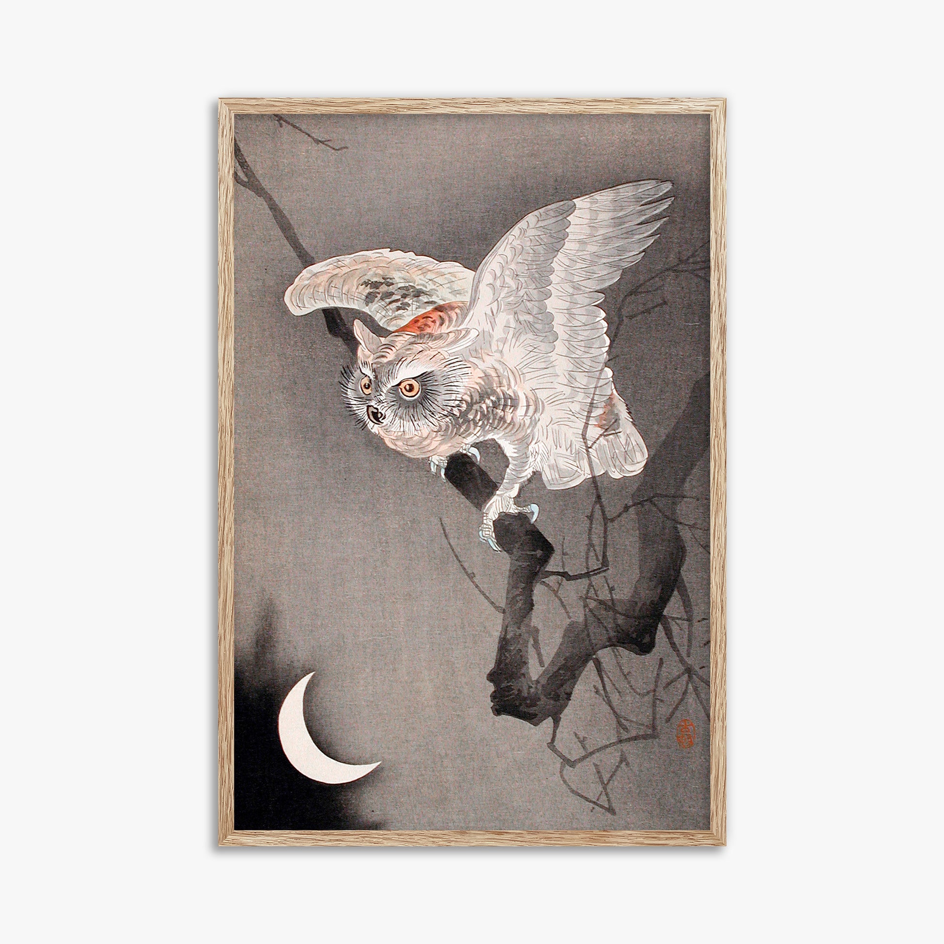 Ohara Koson: Scops Owl in Moonlight, 61x91cm Framed Art Reproduction With Raw Oak Frame