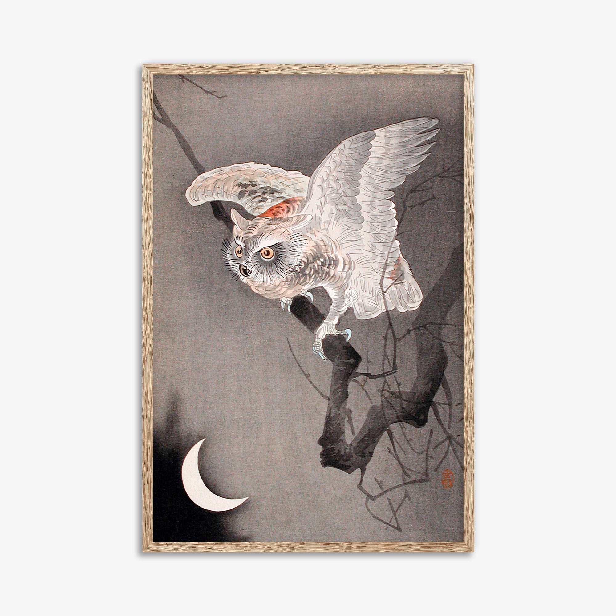 Ohara Koson: Scops Owl in Moonlight, 61x91cm Framed Art Reproduction With Raw Oak Frame