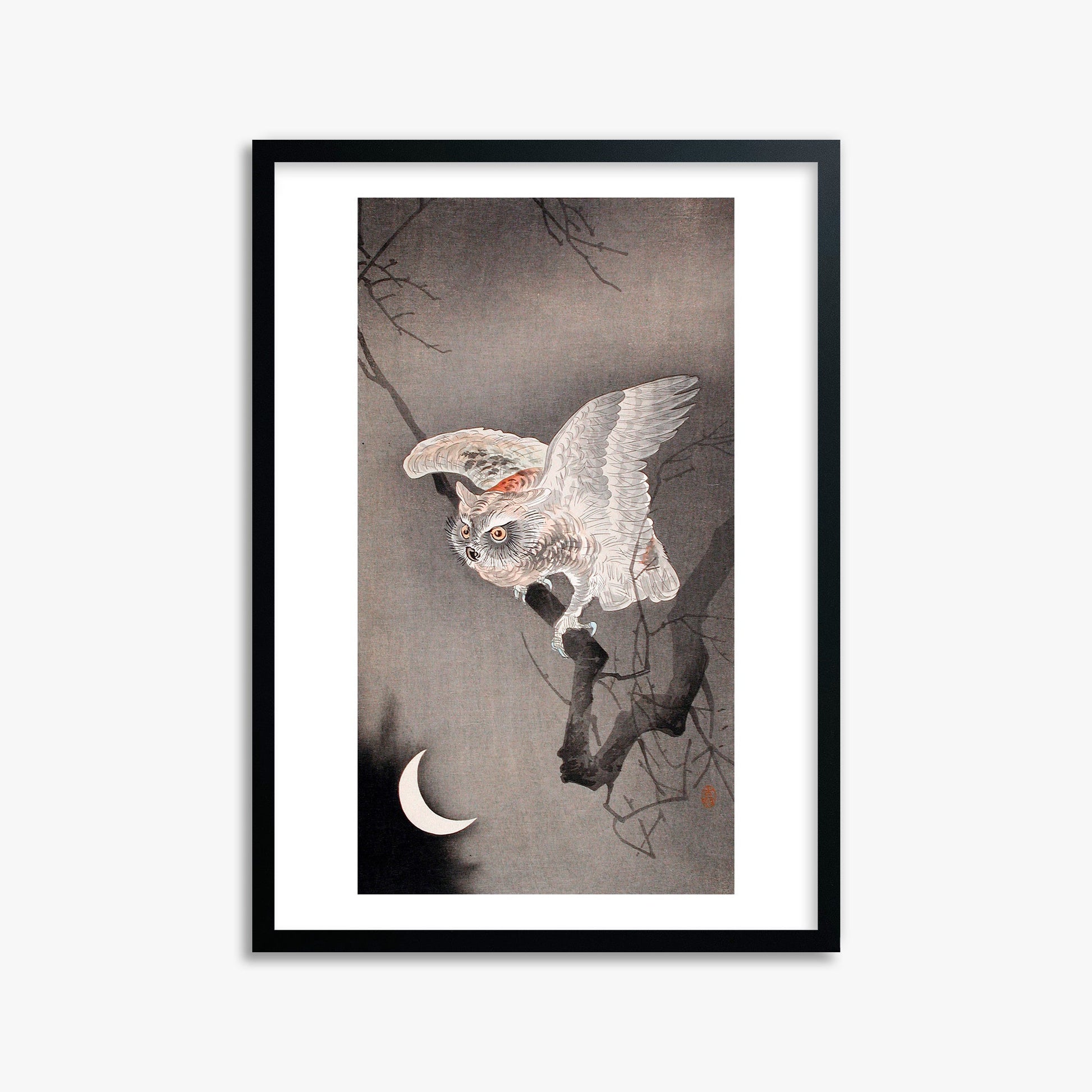 Ohara Koson: Scops Owl in Moonlight, 50x70cm Framed Art Reproduction With Black Frame