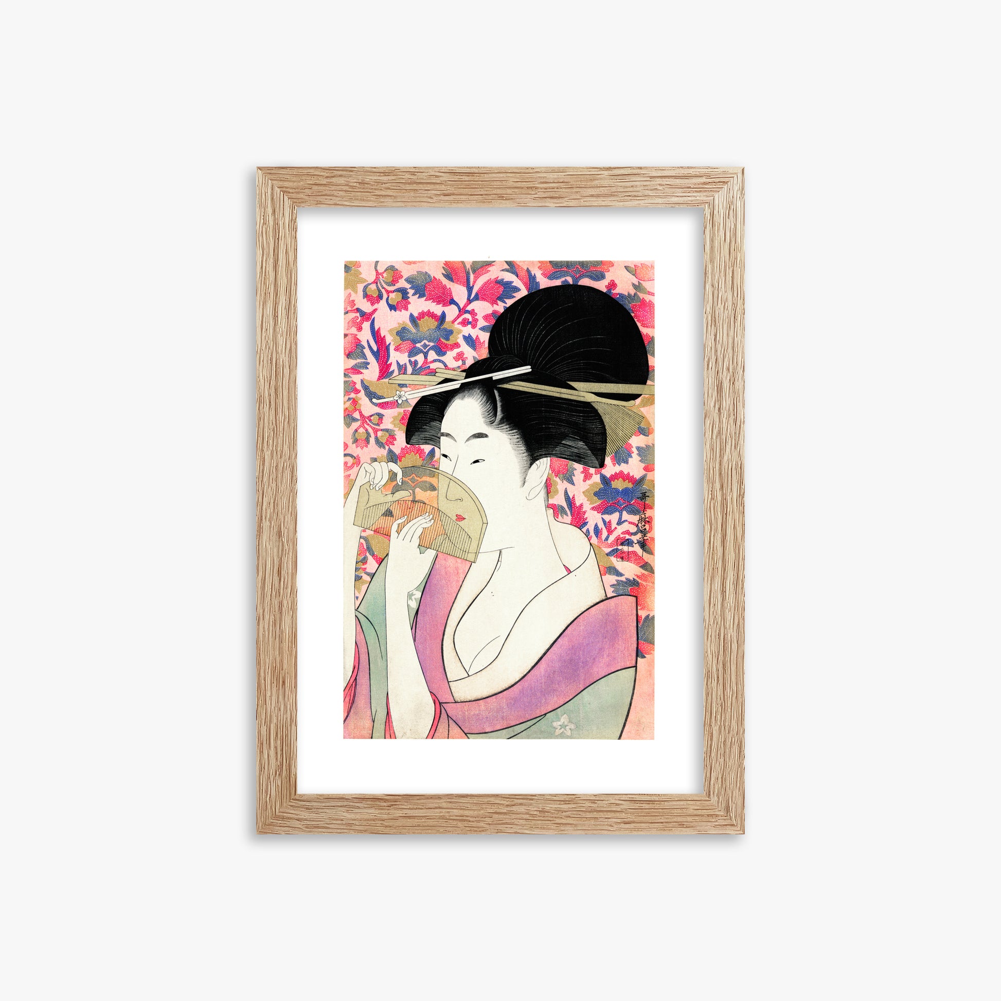 Utamaro Kitagawa: Kushi, 21x30cm Framed Art Reproduction With Raw Oak Frame