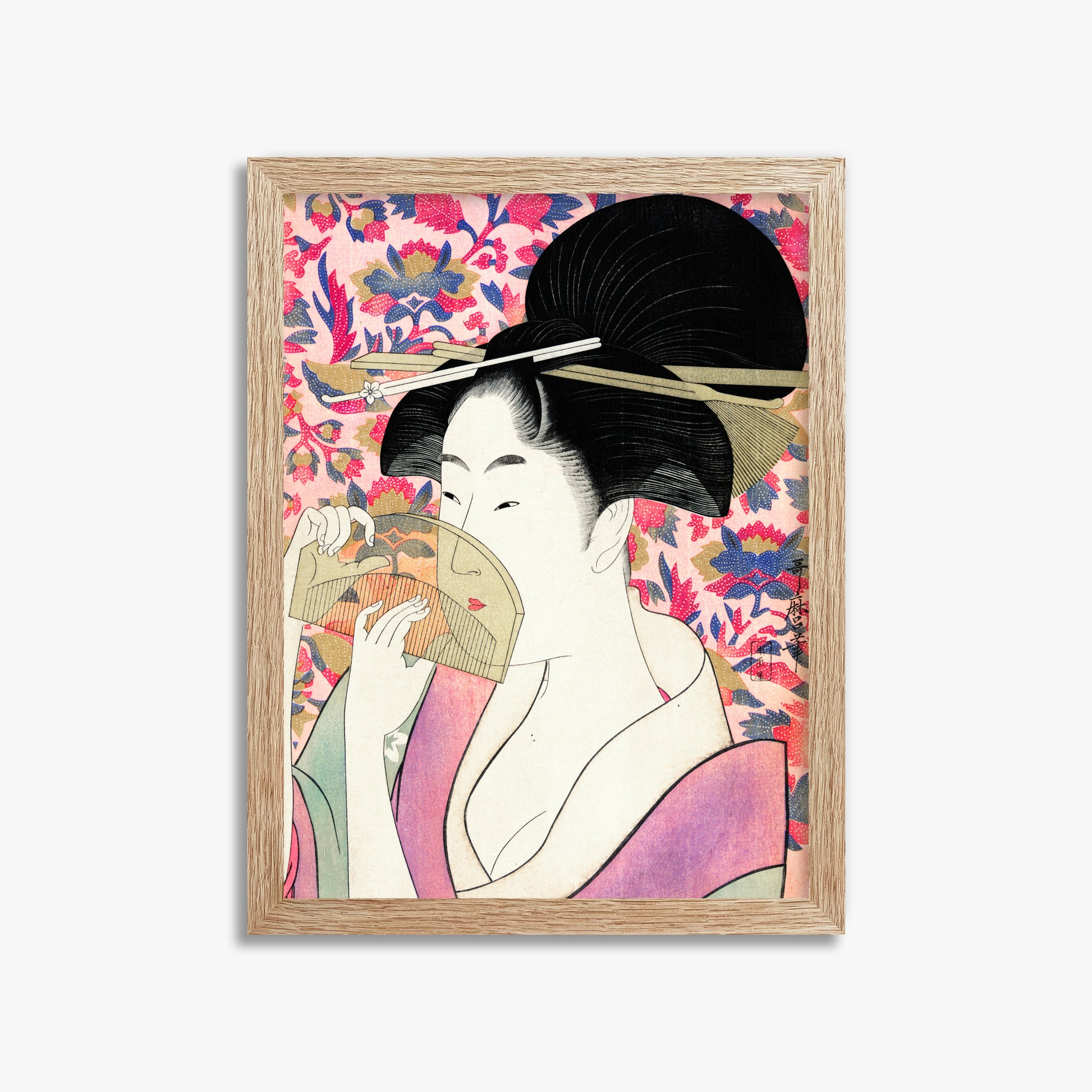 Utamaro Kitagawa: Kushi, 30x40cm Framed Art Reproduction With Raw Oak Frame