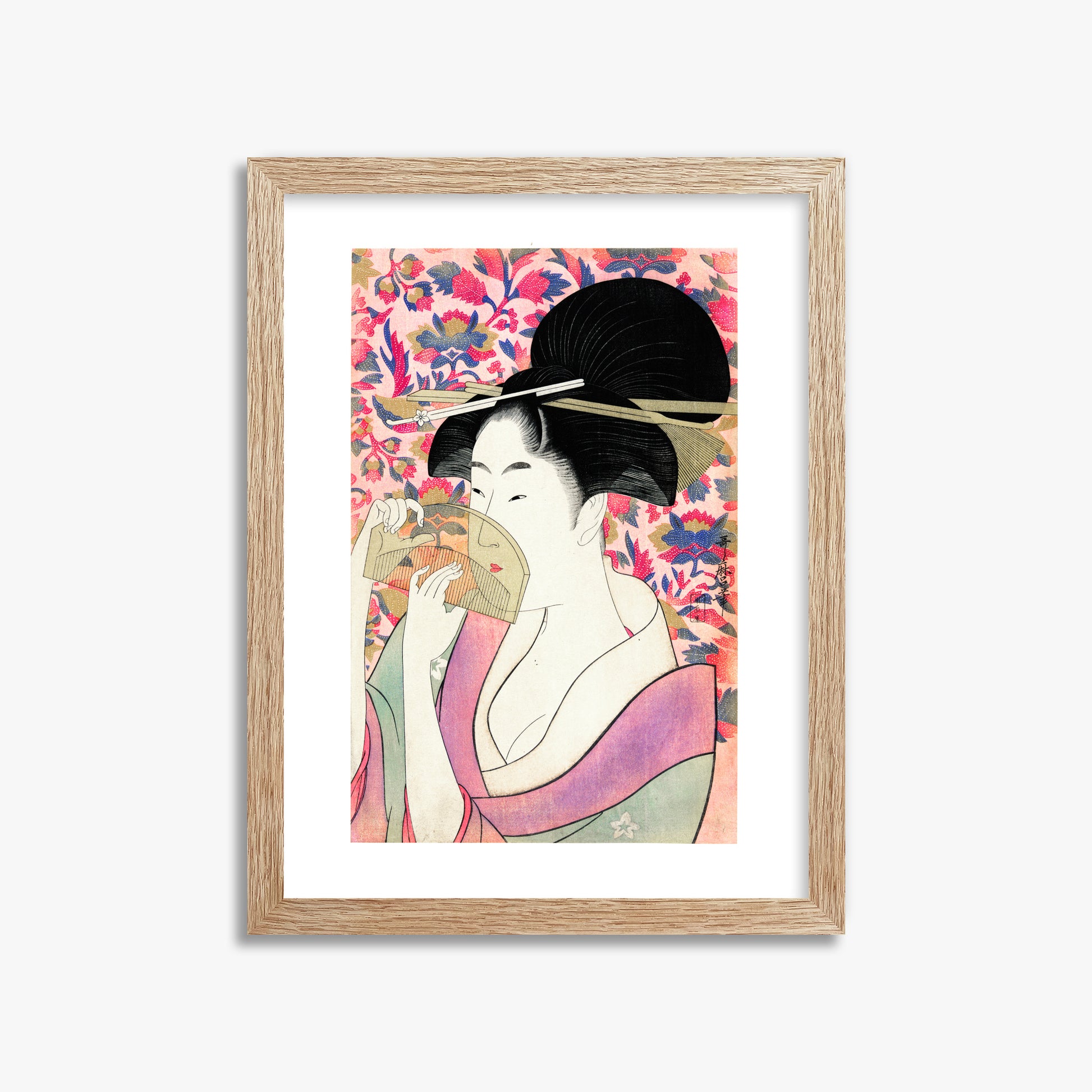 Utamaro Kitagawa: Kushi, 30x40cm Framed Art Reproduction With Raw Oak Frame
