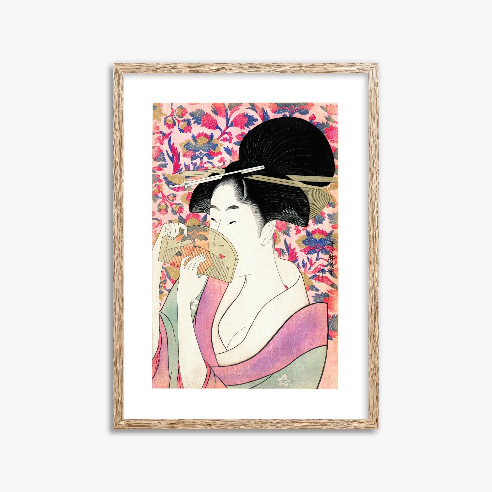 Utamaro Kitagawa: Kushi, 50x70cm Framed Art Reproduction With Raw Oak Frame