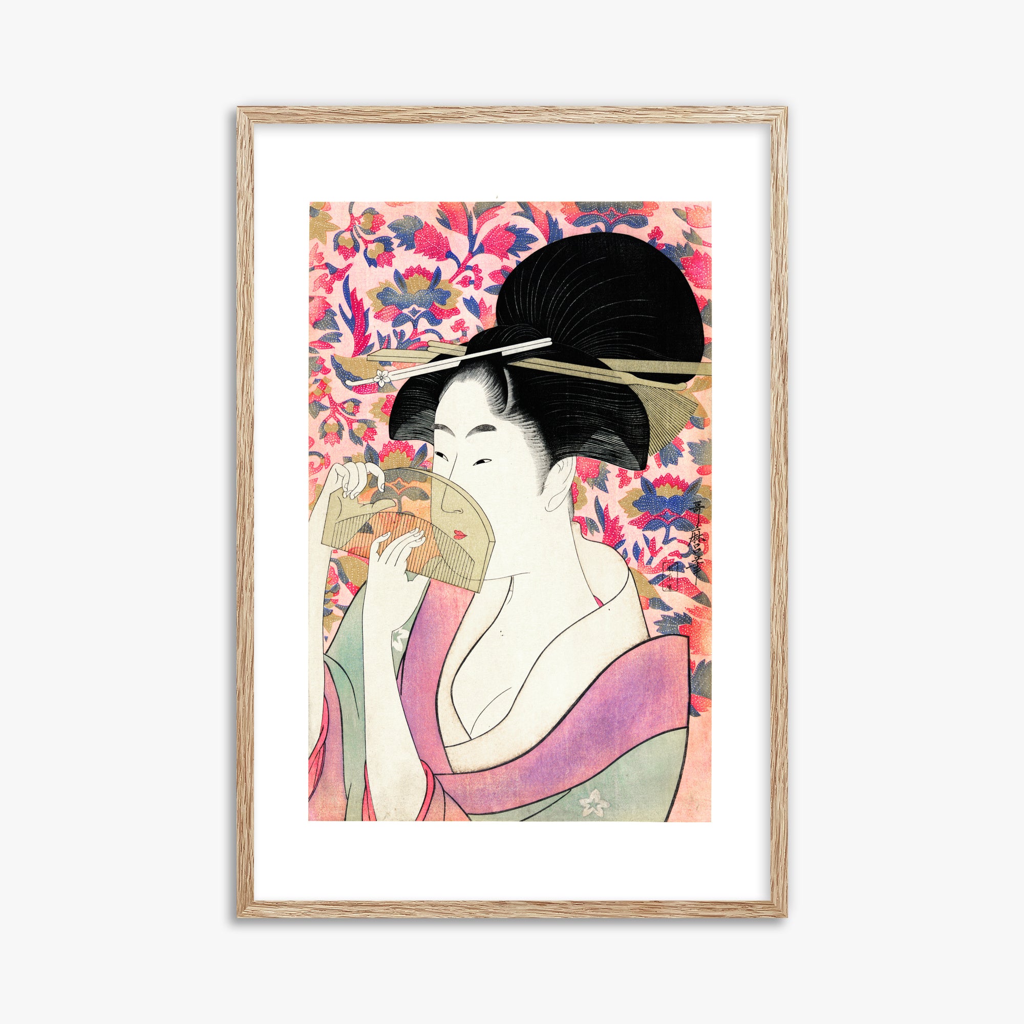Utamaro Kitagawa: Kushi, 61x91cm Framed Art Reproduction With Raw Oak Frame