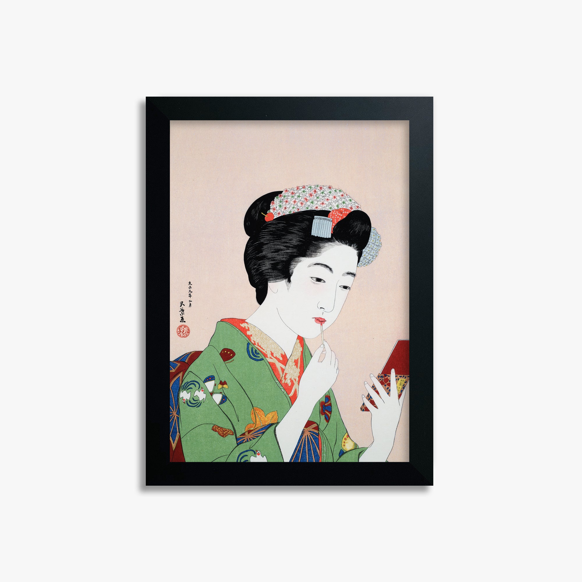 Goyō Hashiguchi: Woman Applying Rouge, 21x30cm Framed Art Reproduction With Black Frame