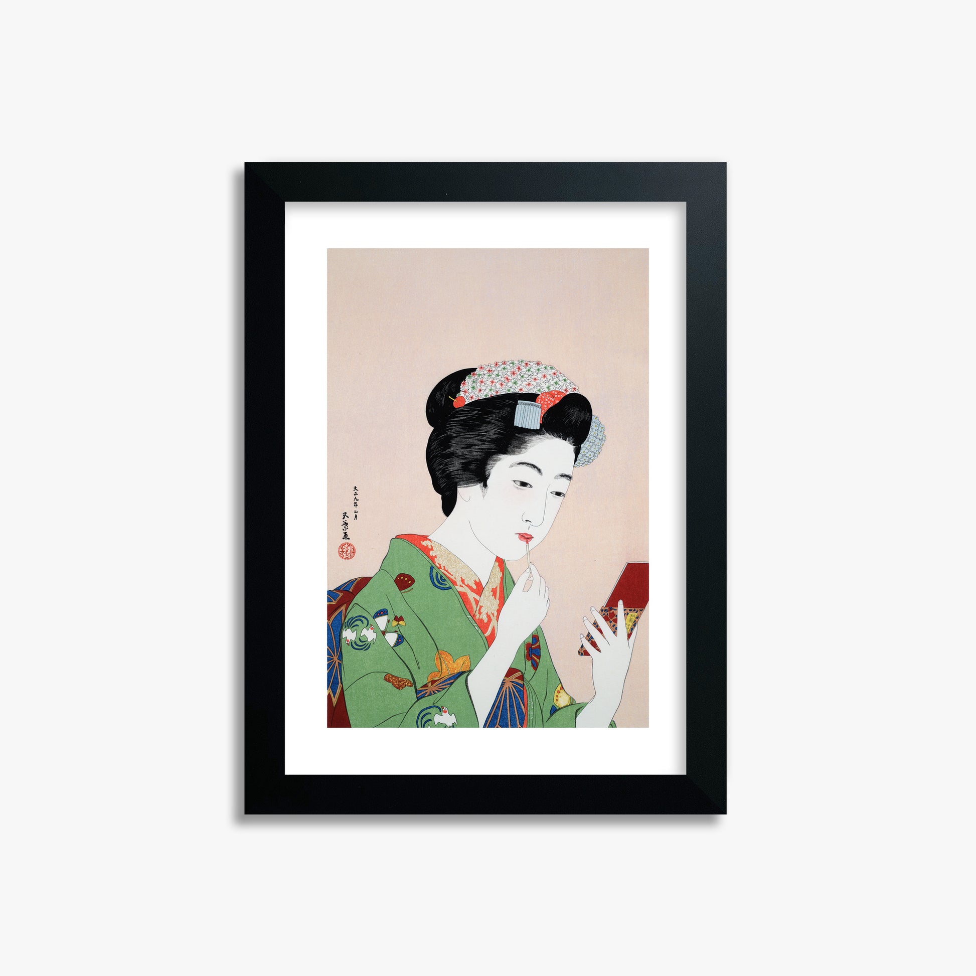Goyō Hashiguchi: Woman Applying Rouge, 21x30cm Framed Art Reproduction With Black Frame