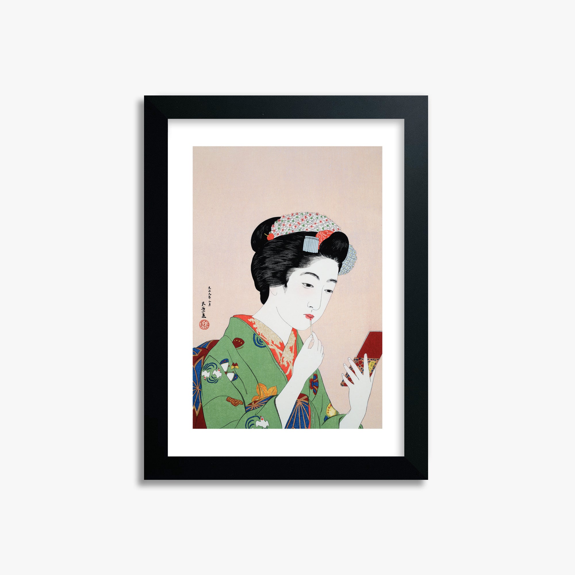 Goyō Hashiguchi: Woman Applying Rouge, 21x30cm Framed Art Reproduction With Black Frame