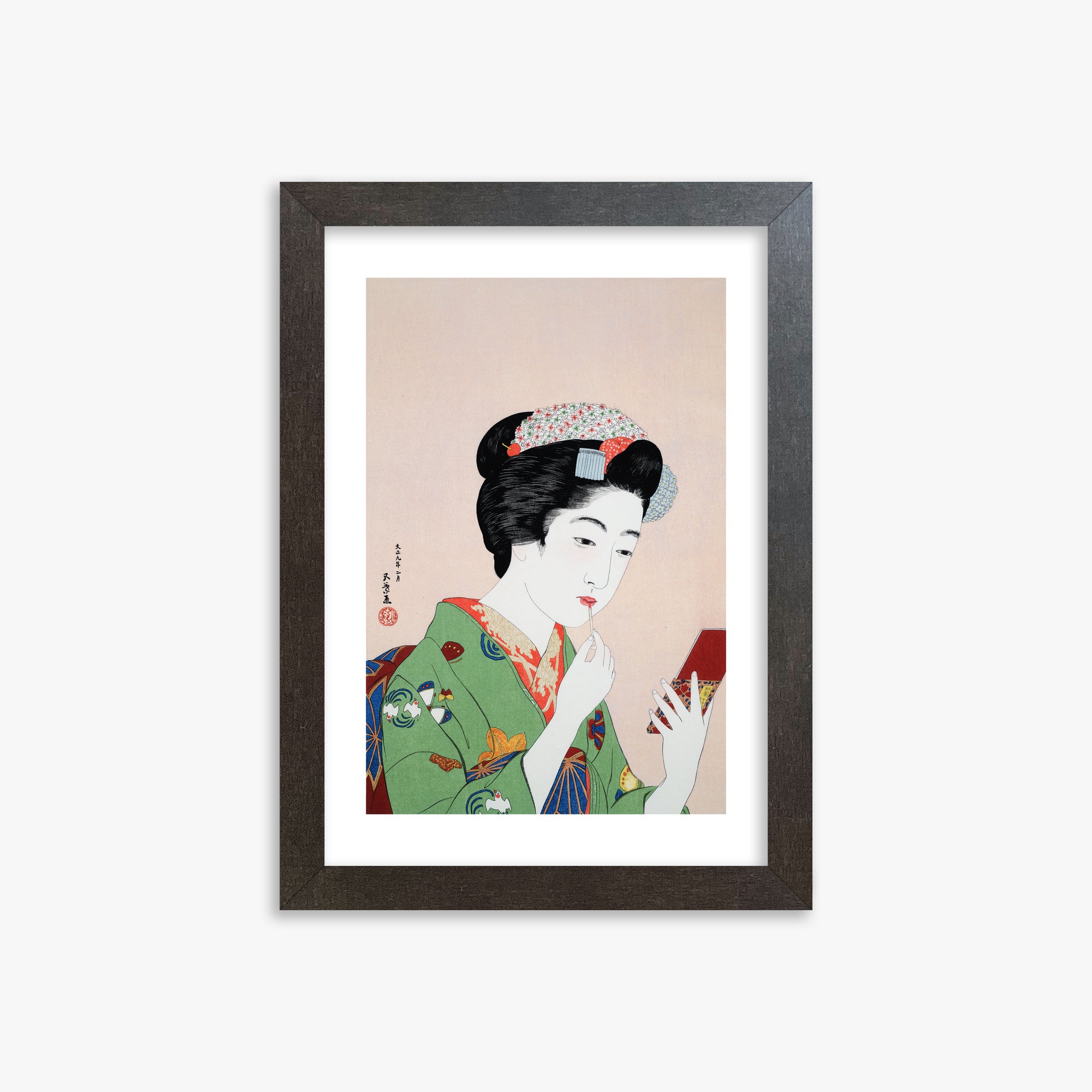 Goyō Hashiguchi: Woman Applying Rouge, 21x30cm Framed Art Reproduction With Espresso Frame
