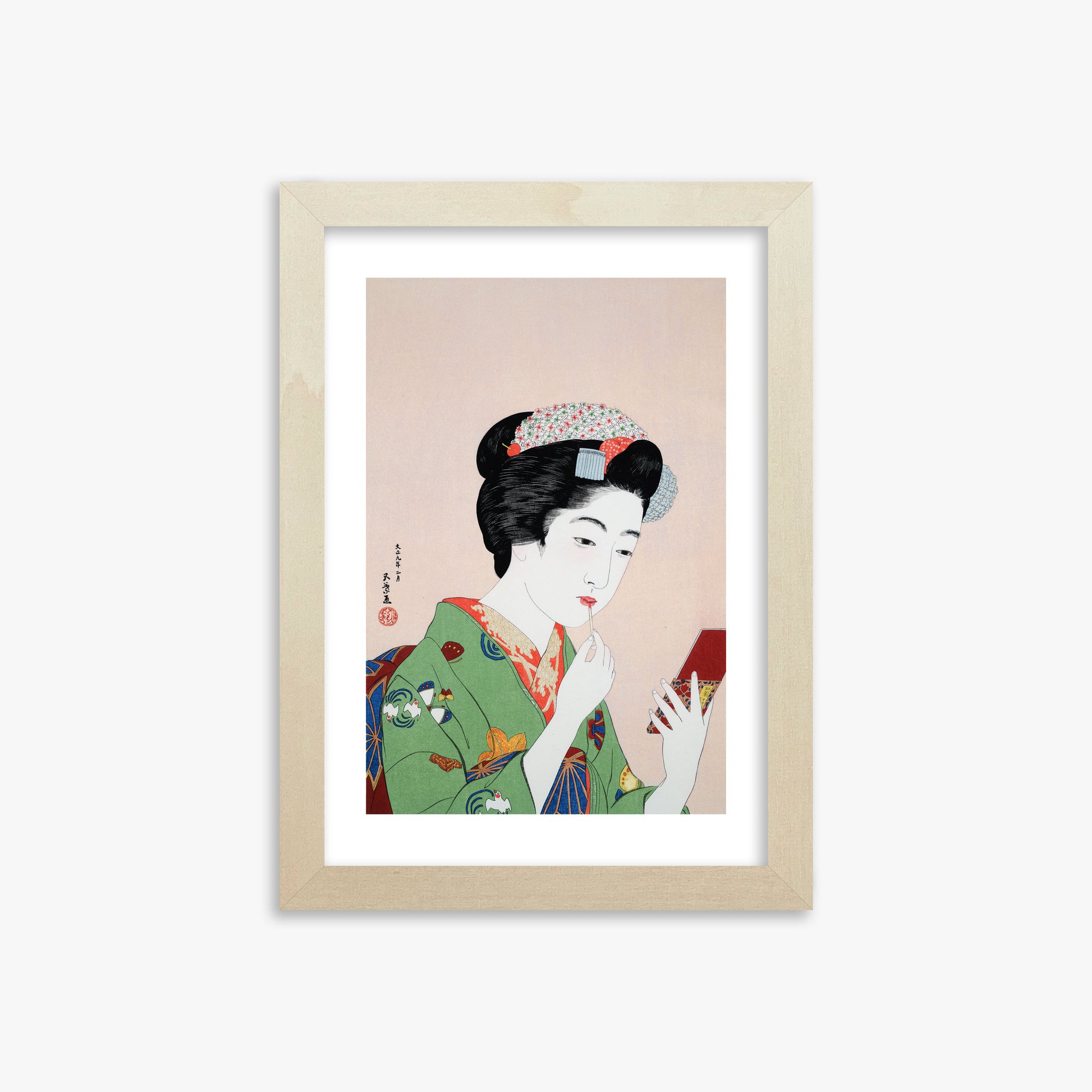 Goyō Hashiguchi: Woman Applying Rouge, 21x30cm Framed Art Reproduction With Lime Wood Frame