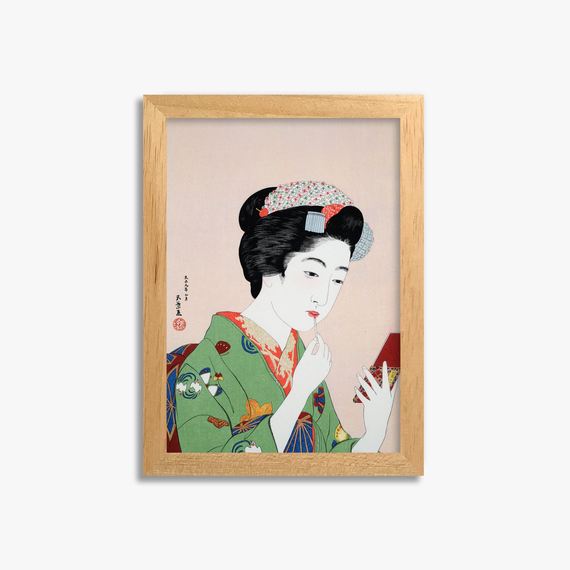 Goyō Hashiguchi: Woman Applying Rouge, 21x30cm Framed Art Reproduction With Oak Frame