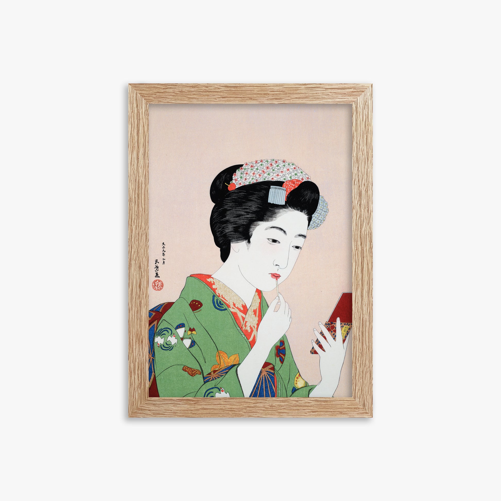 Goyō Hashiguchi: Woman Applying Rouge, 21x30cm Framed Art Reproduction With Raw Oak Frame