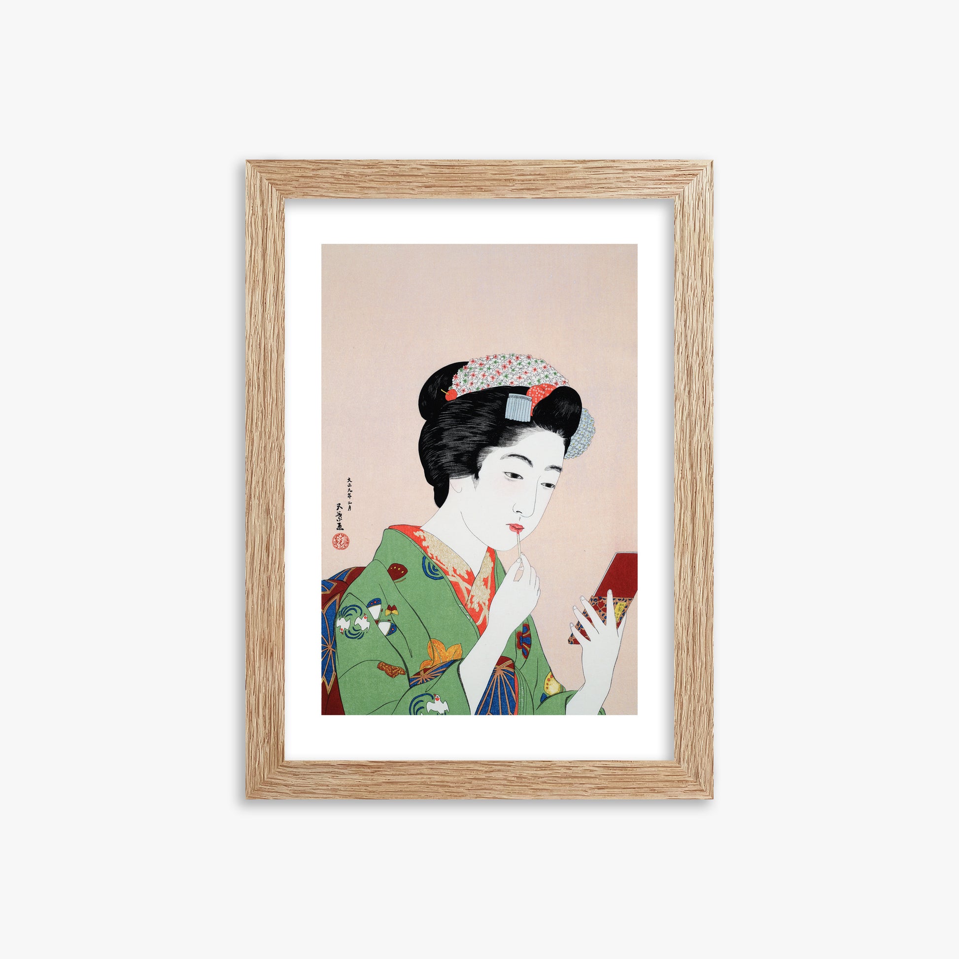Goyō Hashiguchi: Woman Applying Rouge, 21x30cm Framed Art Reproduction With Raw Oak Frame