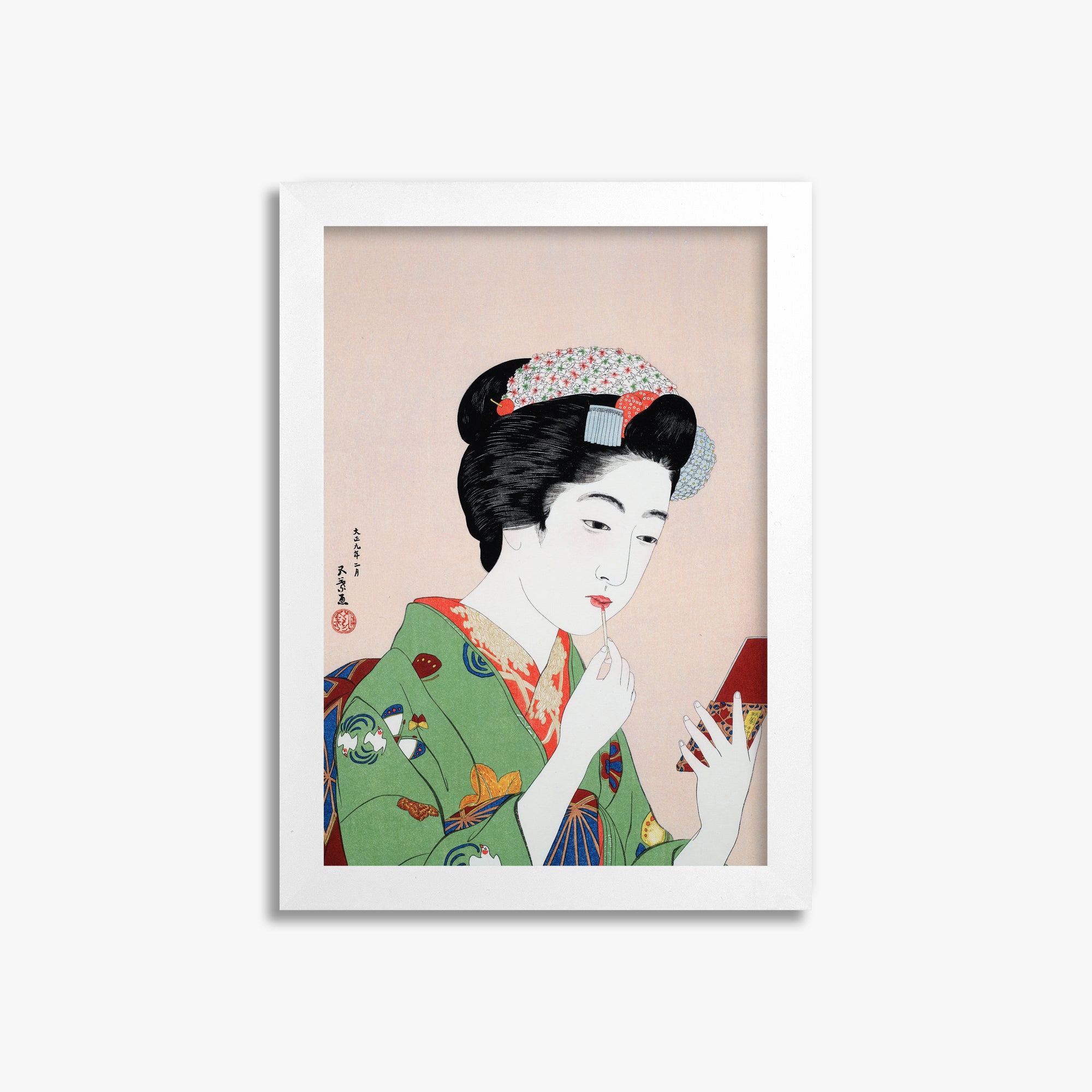 Goyō Hashiguchi: Woman Applying Rouge, 21x30cm Framed Art Reproduction With White Frame