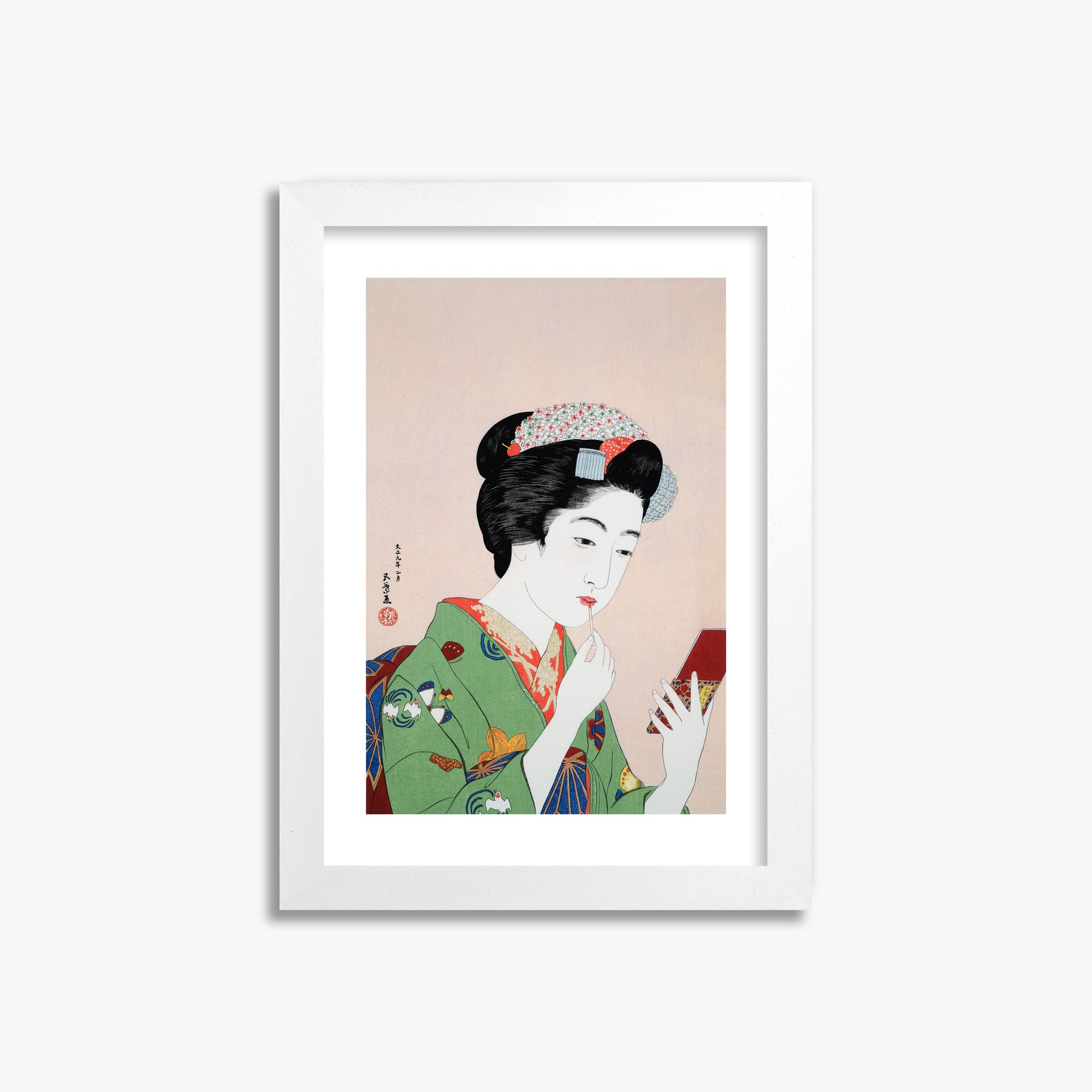 Goyō Hashiguchi: Woman Applying Rouge, 21x30cm Framed Art Reproduction With White Frame