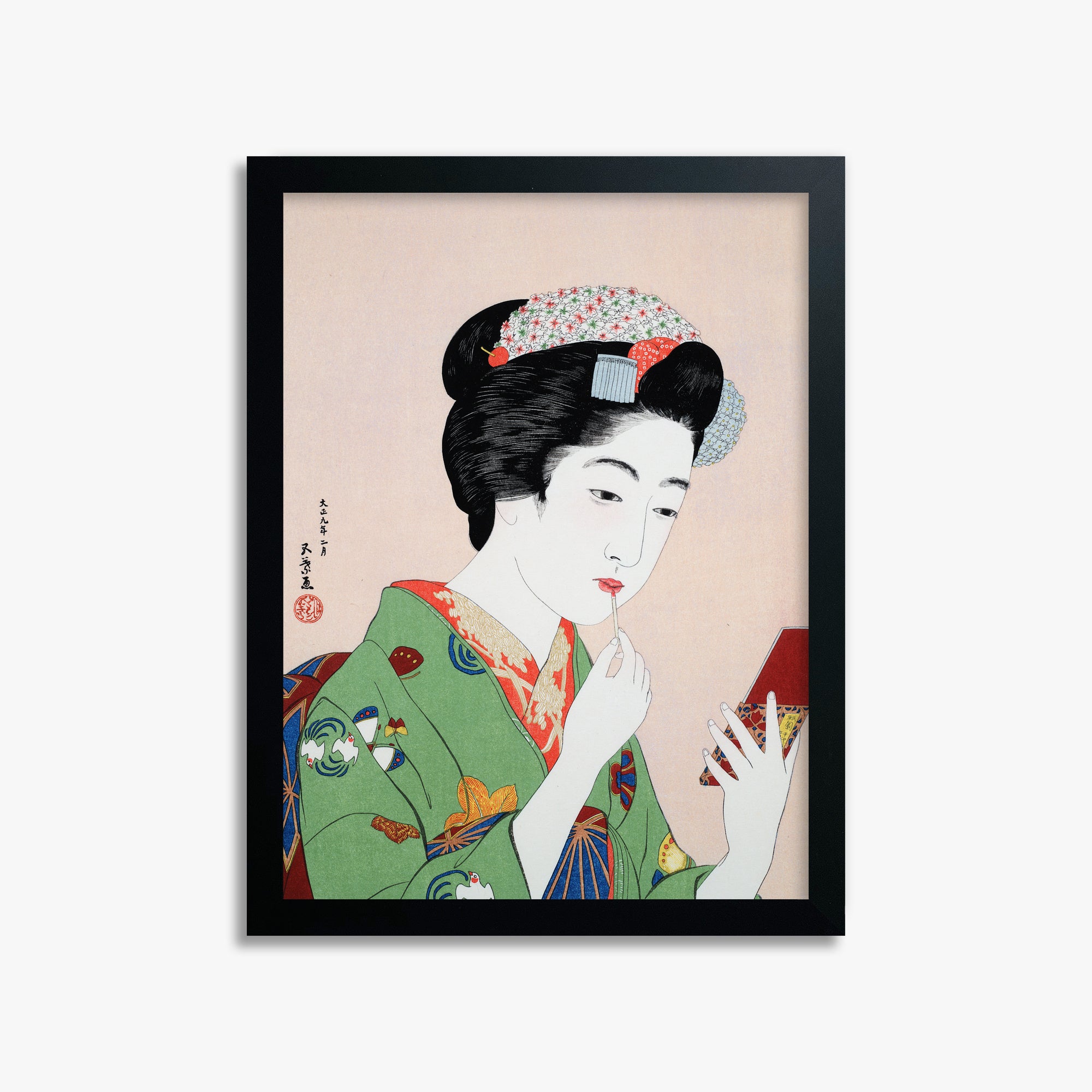 Goyō Hashiguchi: Woman Applying Rouge, 30x40cm Framed Art Reproduction With Black Frame