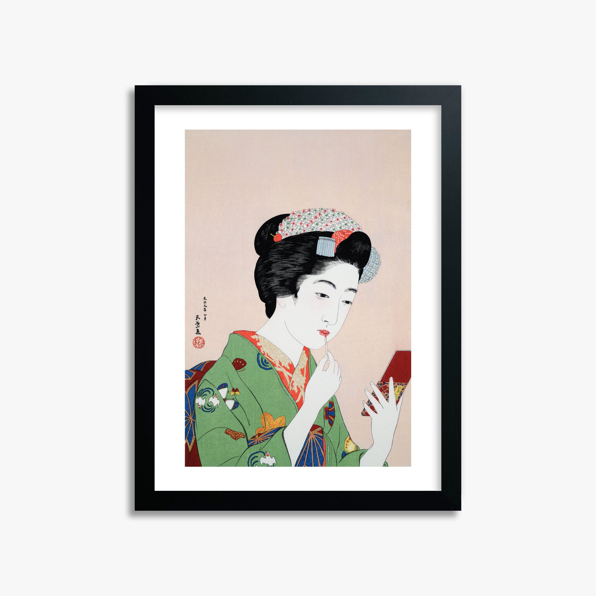 Goyō Hashiguchi: Woman Applying Rouge, 30x40cm Framed Art Reproduction With Black Frame