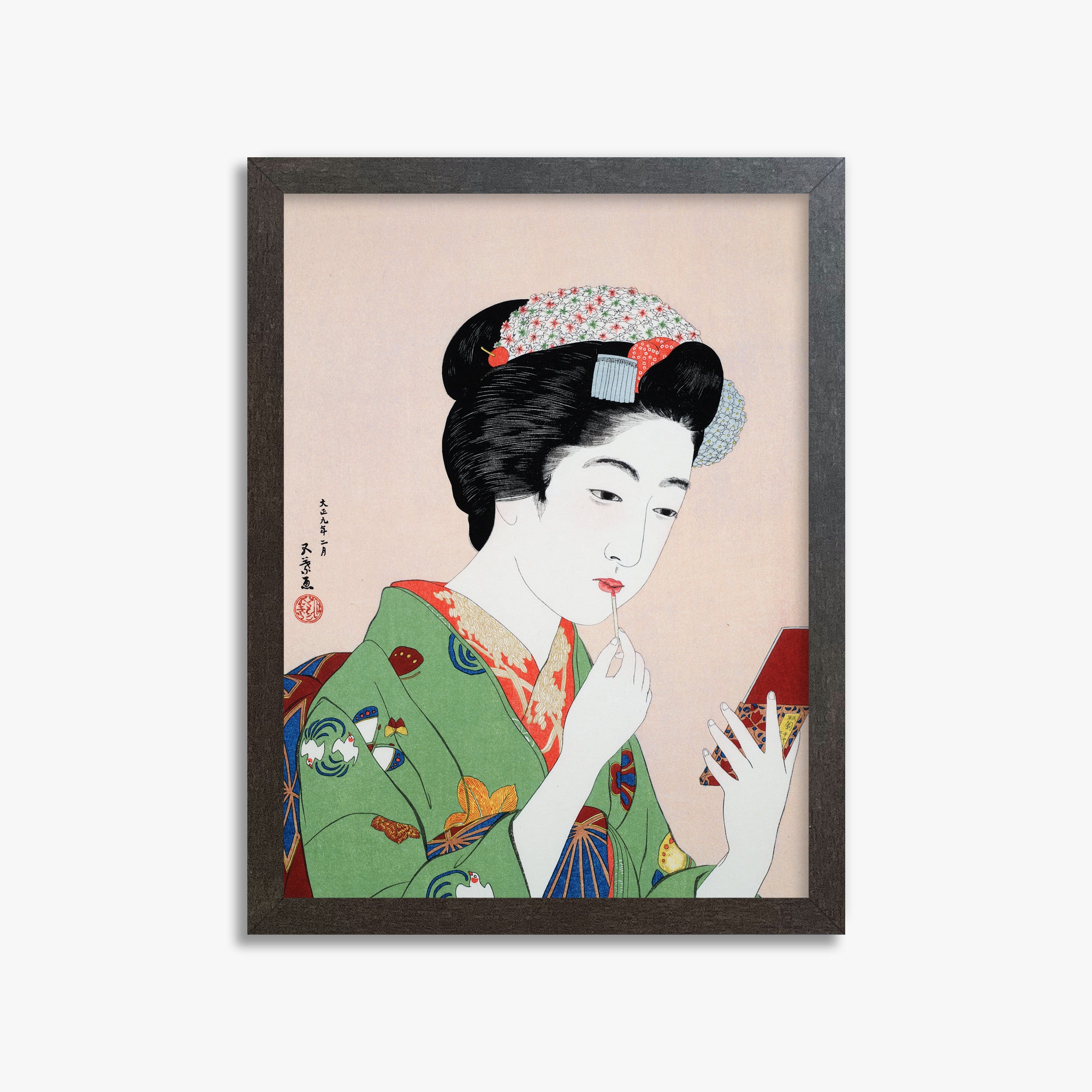 Goyō Hashiguchi: Woman Applying Rouge, 30x40cm Framed Art Reproduction With Espresso Frame
