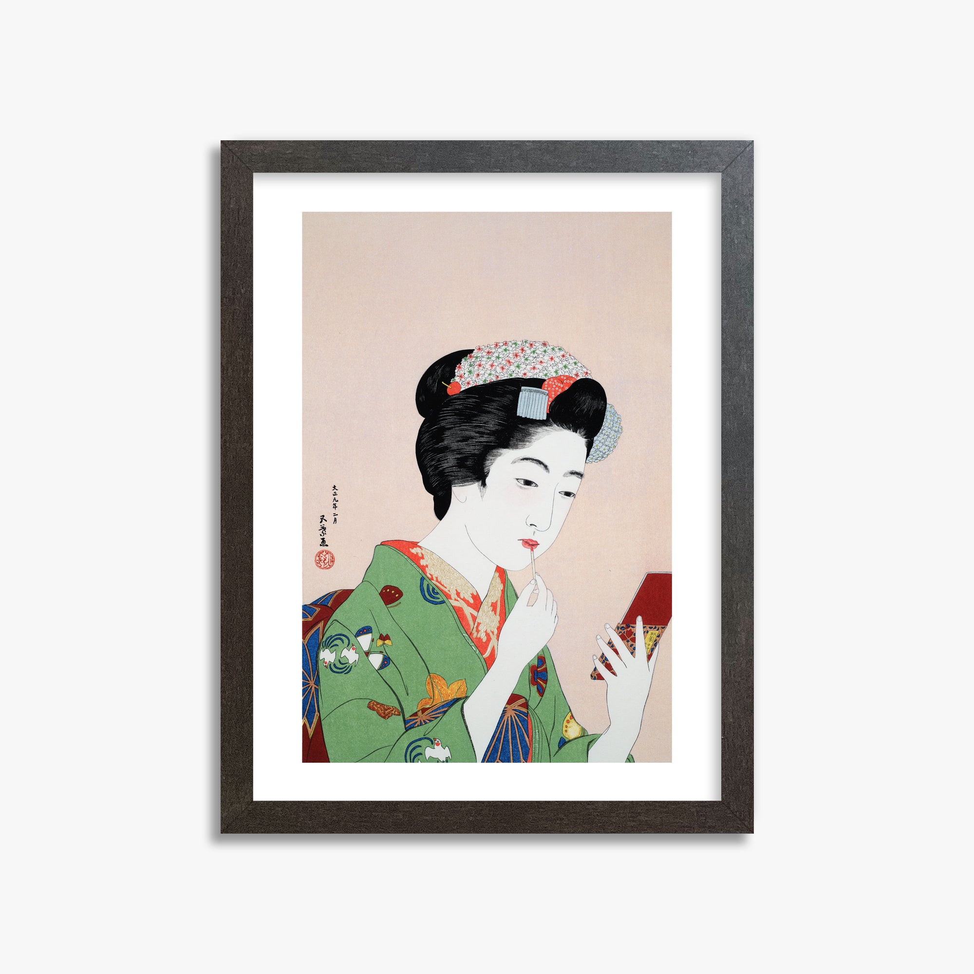 Goyō Hashiguchi: Woman Applying Rouge, 30x40cm Framed Art Reproduction With Espresso Frame