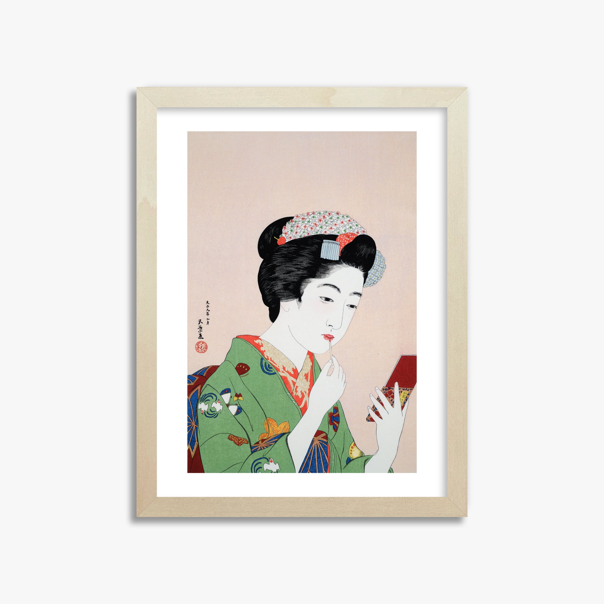 Goyō Hashiguchi: Woman Applying Rouge, 30x40cm Framed Art Reproduction With Lime Wood Frame