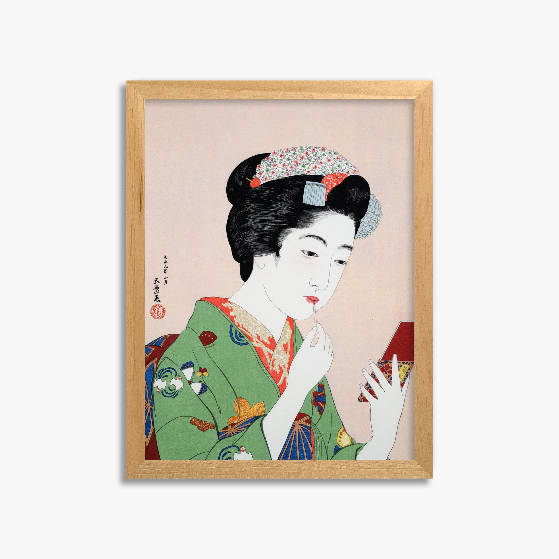 Goyō Hashiguchi: Woman Applying Rouge, 30x40cm Framed Art Reproduction With Oak Frame