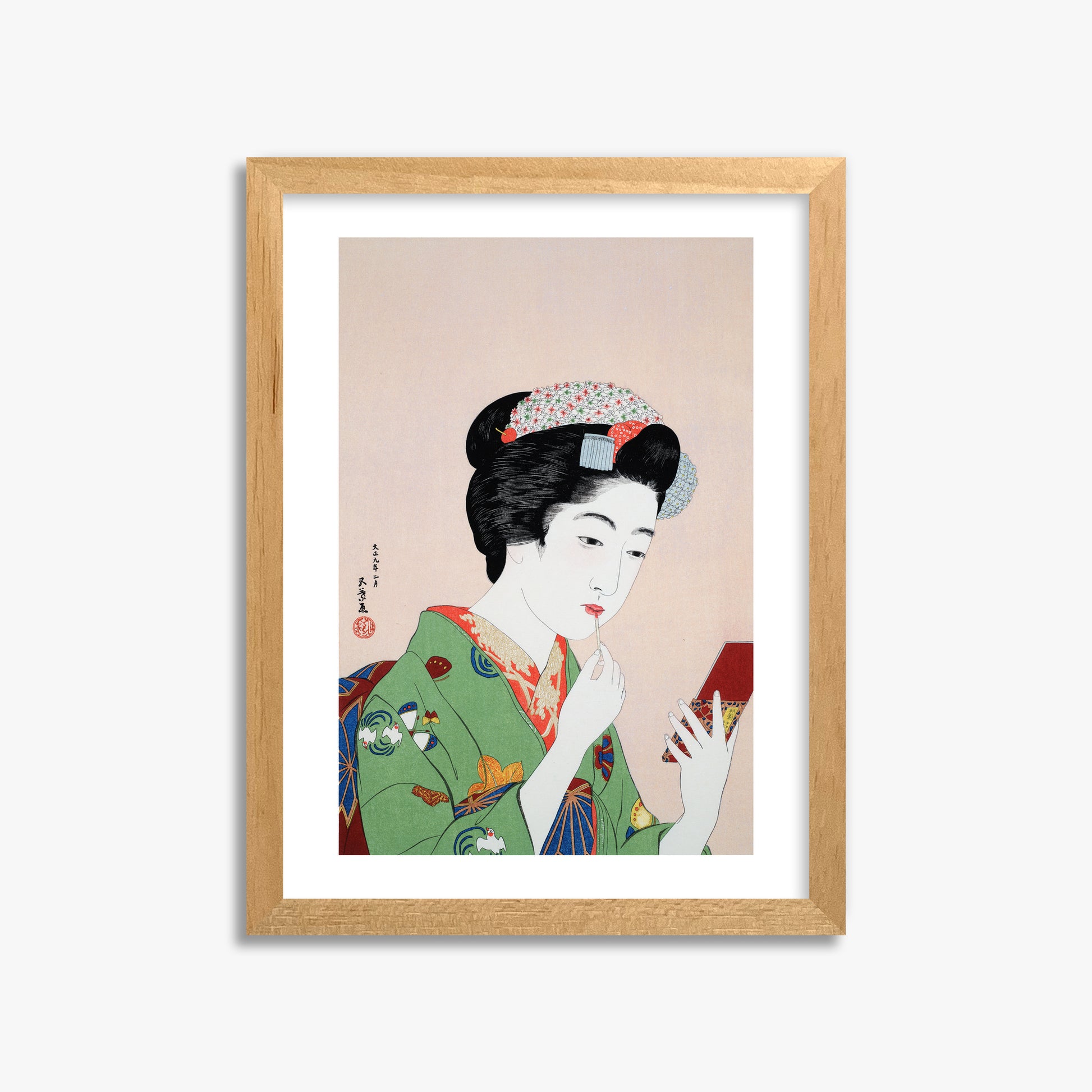 Goyō Hashiguchi: Woman Applying Rouge, 30x40cm Framed Art Reproduction With Oak Frame