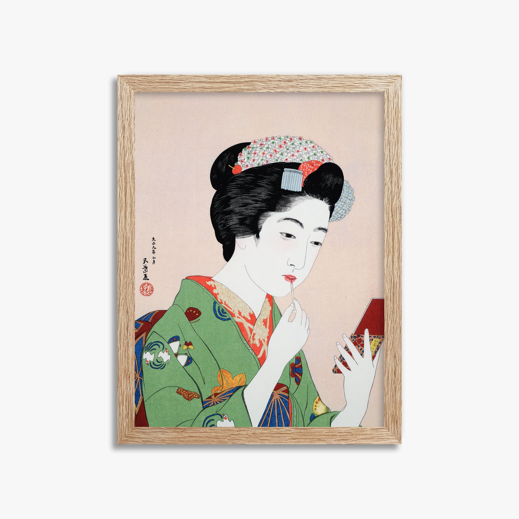 Goyō Hashiguchi: Woman Applying Rouge, 30x40cm Framed Art Reproduction With Raw Oak Frame