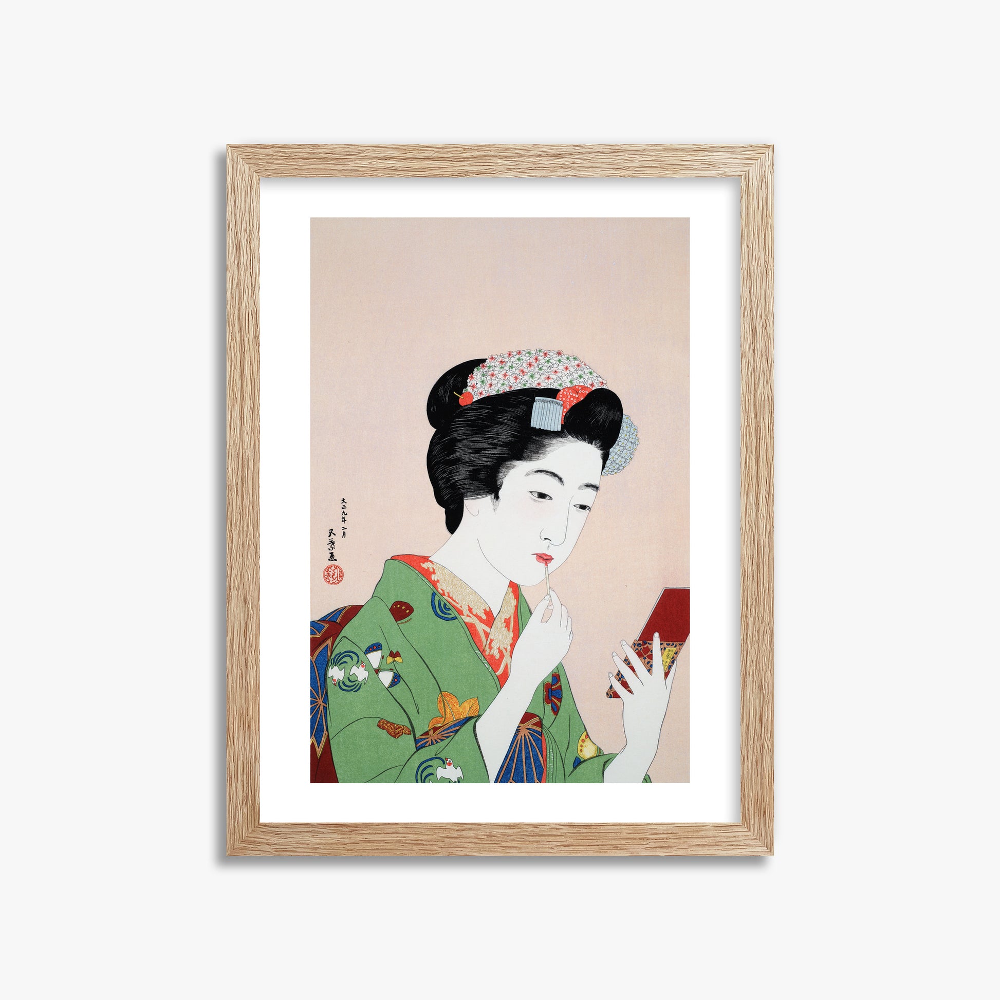 Goyō Hashiguchi: Woman Applying Rouge, 30x40cm Framed Art Reproduction With Raw Oak Frame