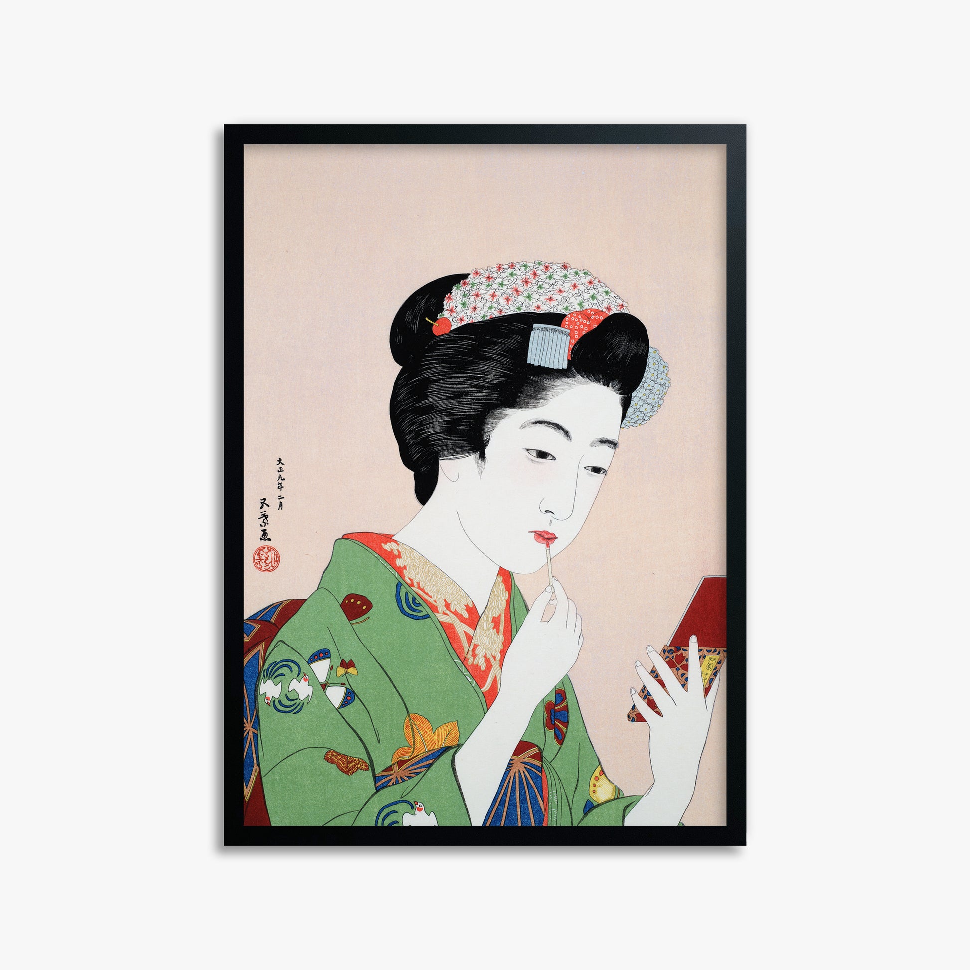Goyō Hashiguchi: Woman Applying Rouge, 50x70cm Framed Art Reproduction With Black Frame