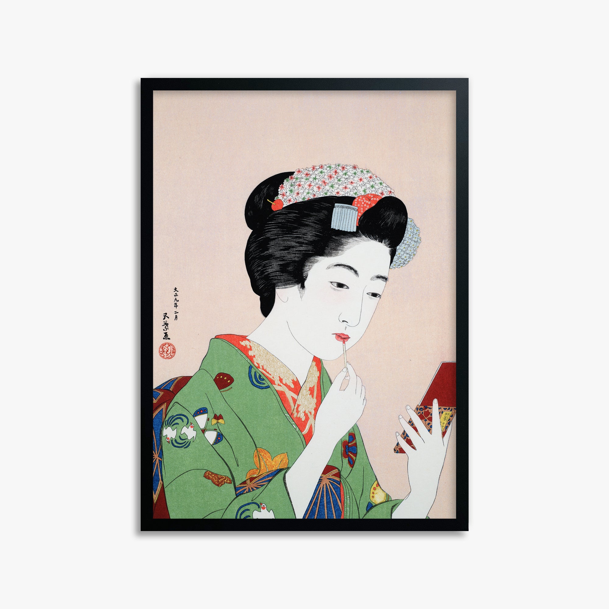 Goyō Hashiguchi: Woman Applying Rouge, 50x70cm Framed Art Reproduction With Black Frame
