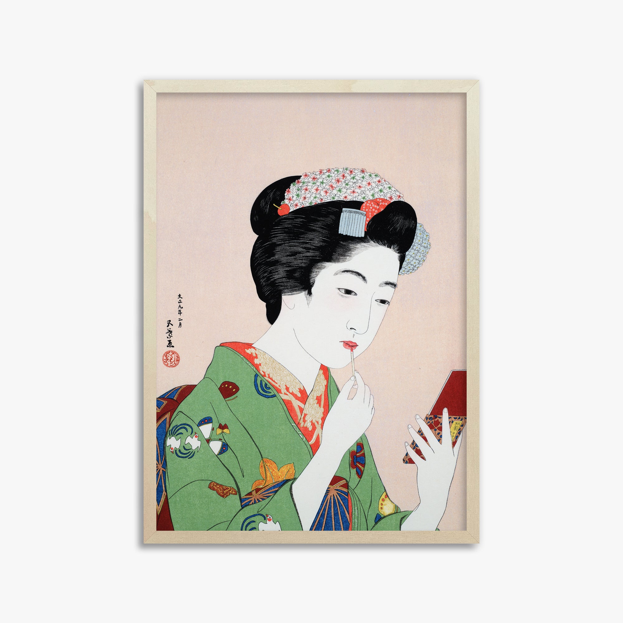Goyō Hashiguchi: Woman Applying Rouge, 50x70cm Framed Art Reproduction With Lime Wood Frame