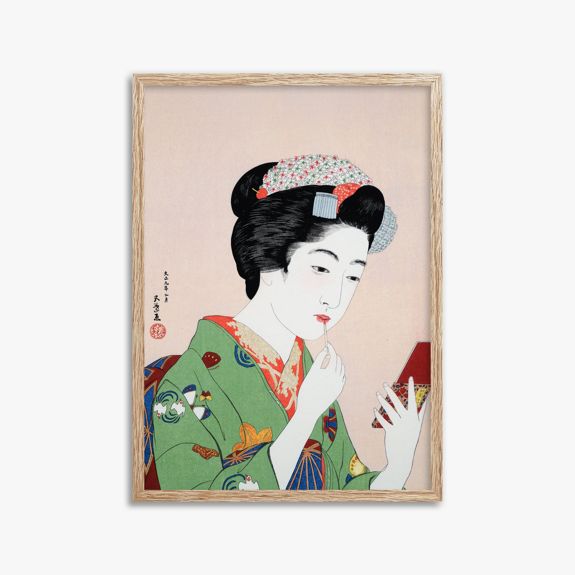 Goyō Hashiguchi: Woman Applying Rouge, 50x70cm Framed Art Reproduction With Raw Oak Frame