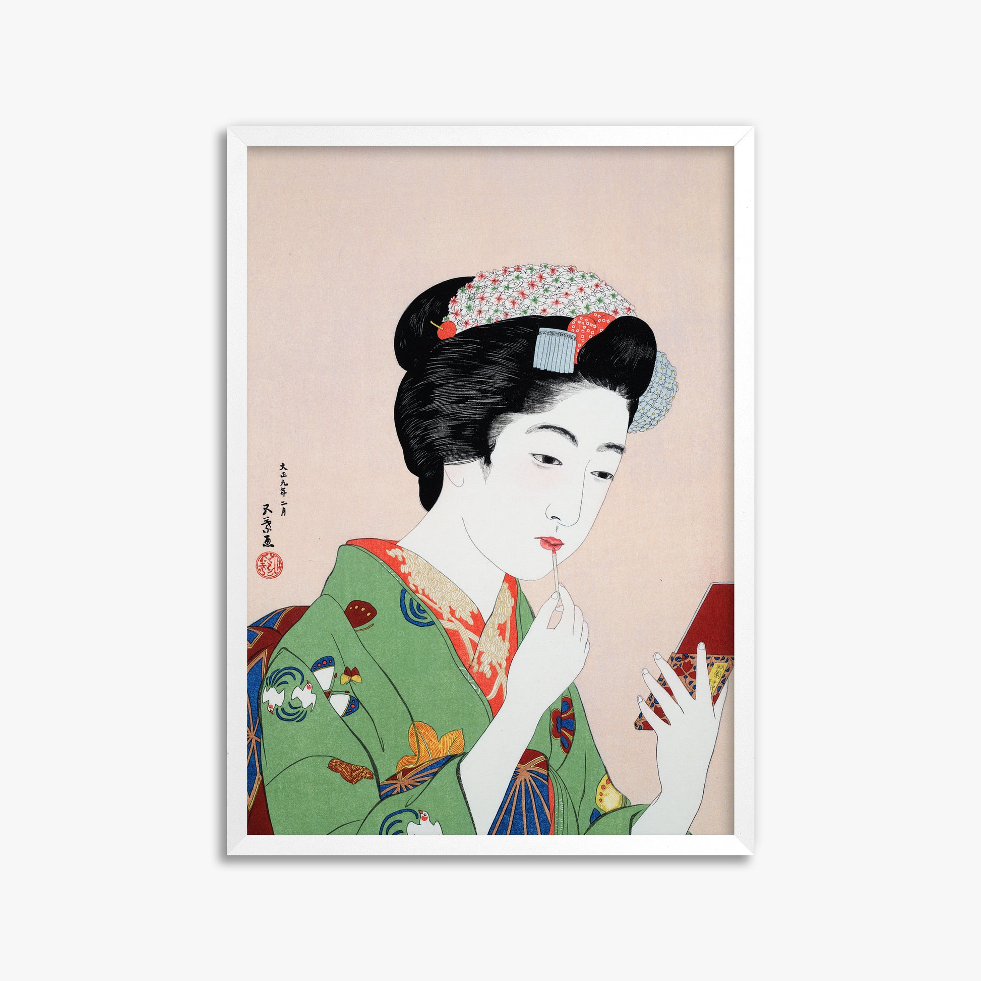 Goyō Hashiguchi: Woman Applying Rouge, 50x70cm Framed Art Reproduction With White Frame