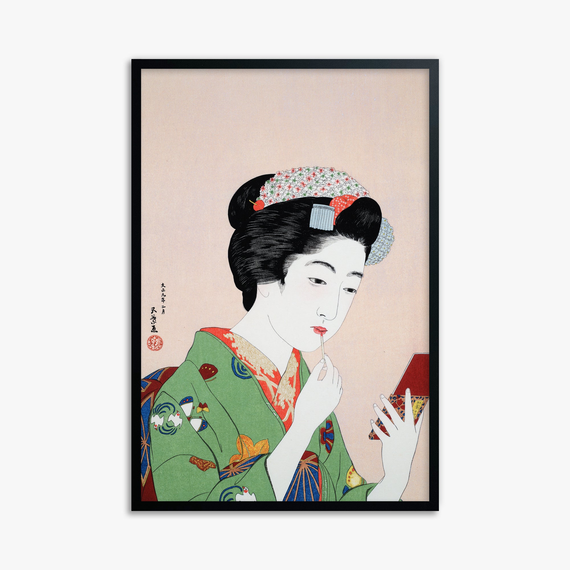 Goyō Hashiguchi: Woman Applying Rouge, 61x91cm Framed Art Reproduction With Black Frame