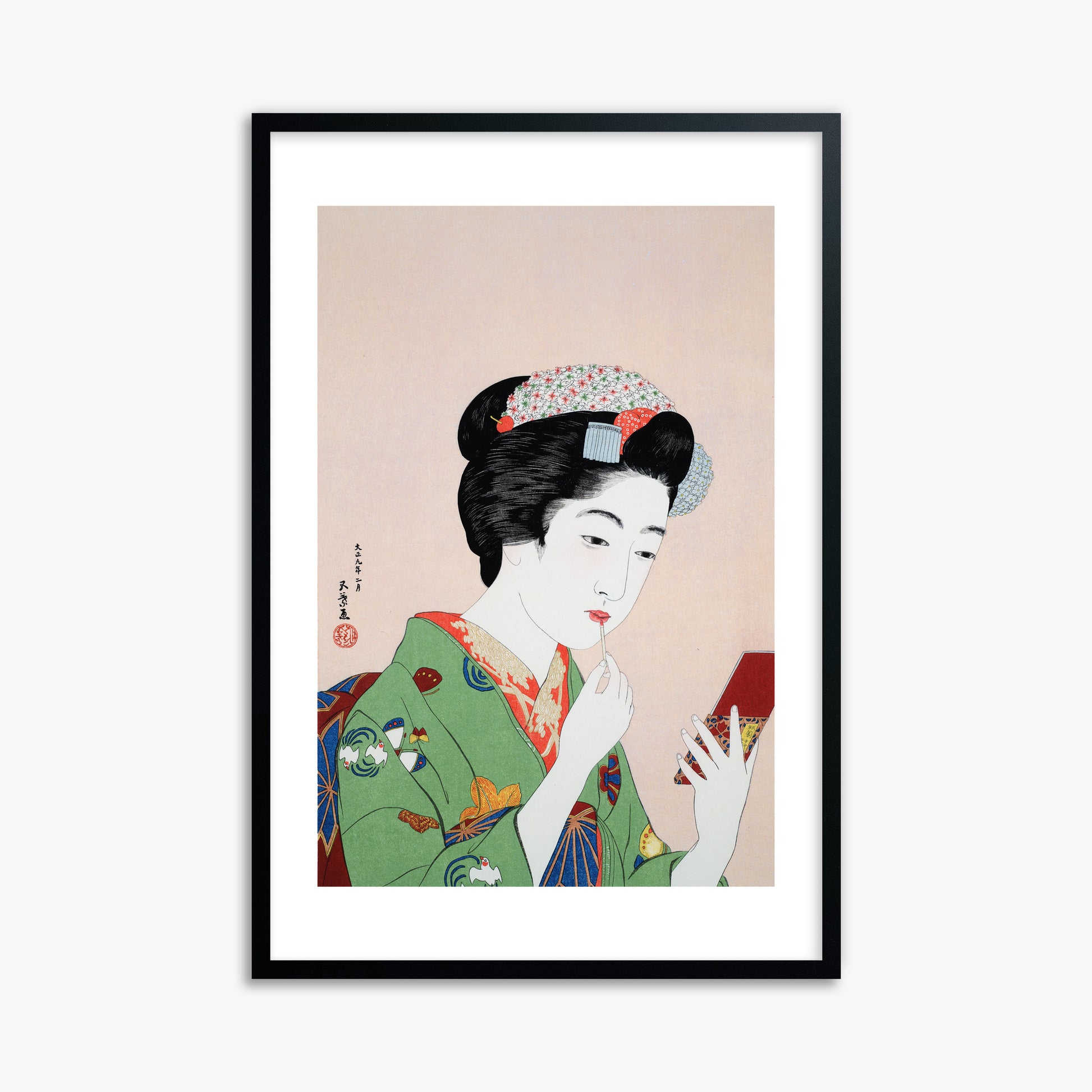 Goyō Hashiguchi: Woman Applying Rouge, 61x91cm Framed Art Reproduction With Black Frame