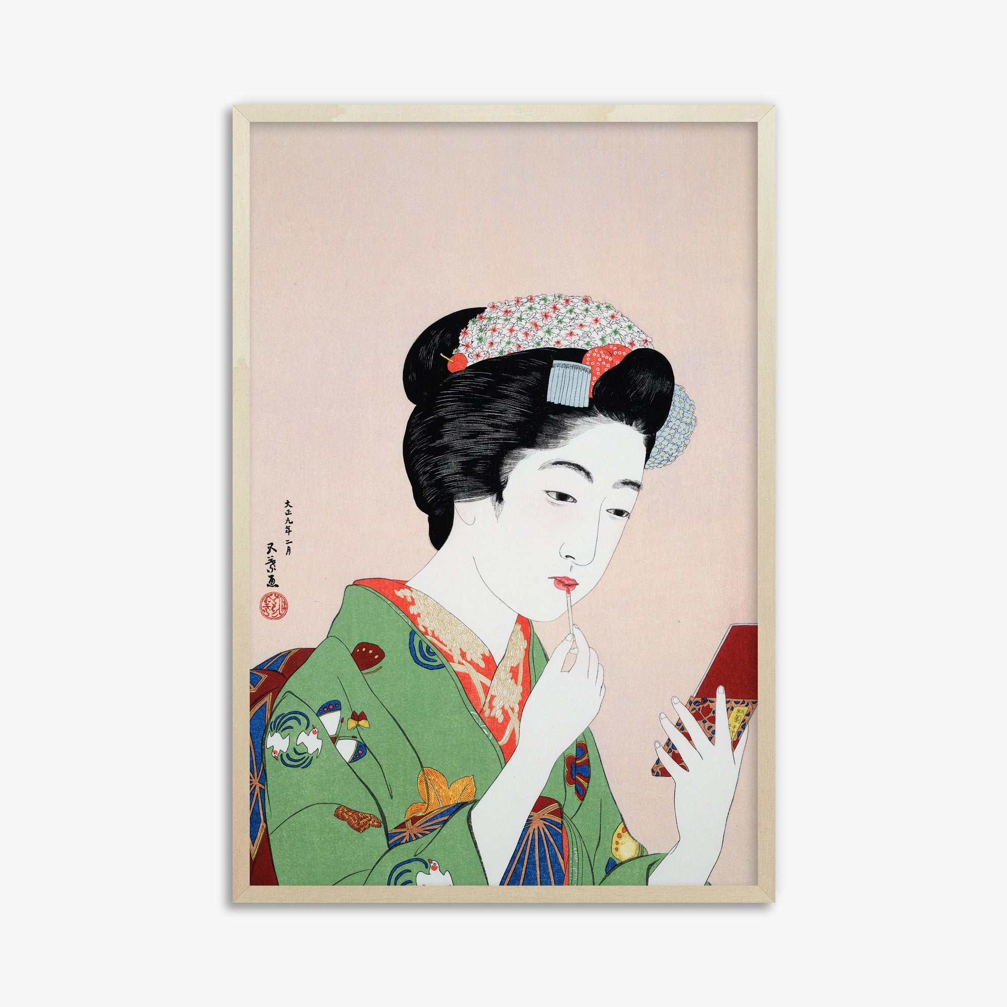 Goyō Hashiguchi: Woman Applying Rouge, 61x91cm Framed Art Reproduction With Lime Wood Frame