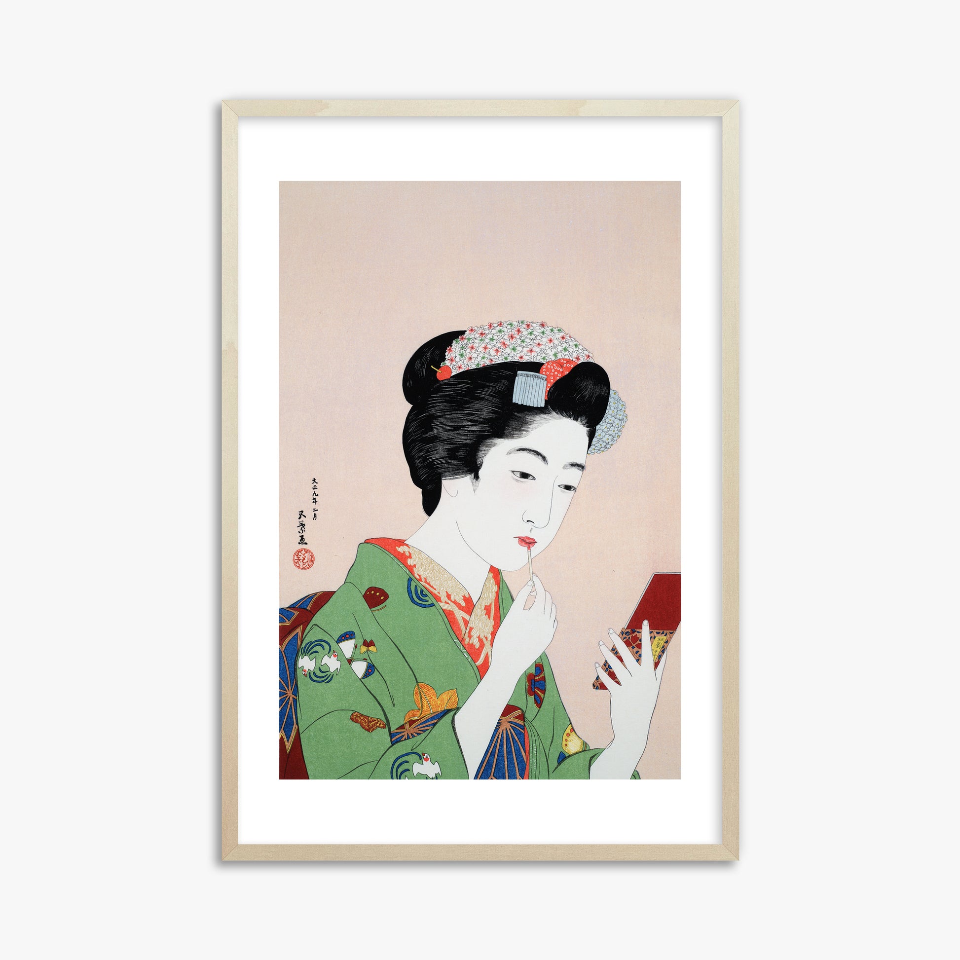Goyō Hashiguchi: Woman Applying Rouge, 61x91cm Framed Art Reproduction With Lime Wood Frame