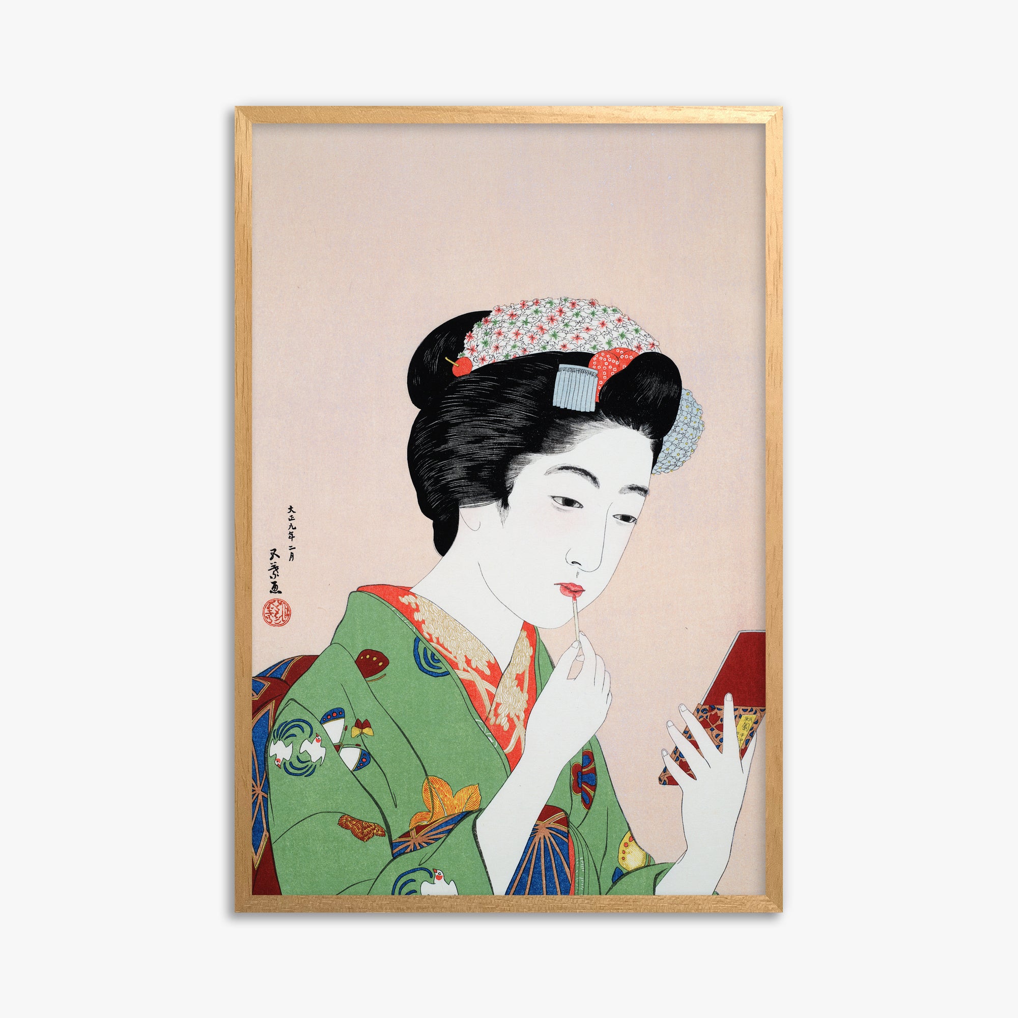 Goyō Hashiguchi: Woman Applying Rouge, 61x91cm Framed Art Reproduction With Oak Frame
