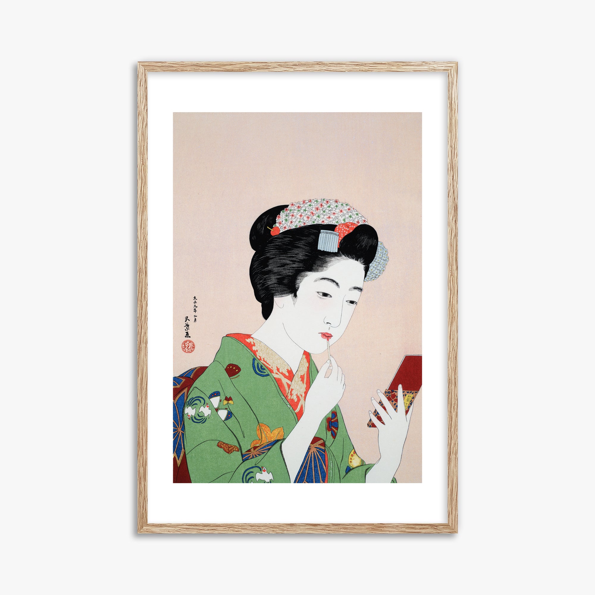 Goyō Hashiguchi: Woman Applying Rouge, 61x91cm Framed Art Reproduction With Raw Oak Frame