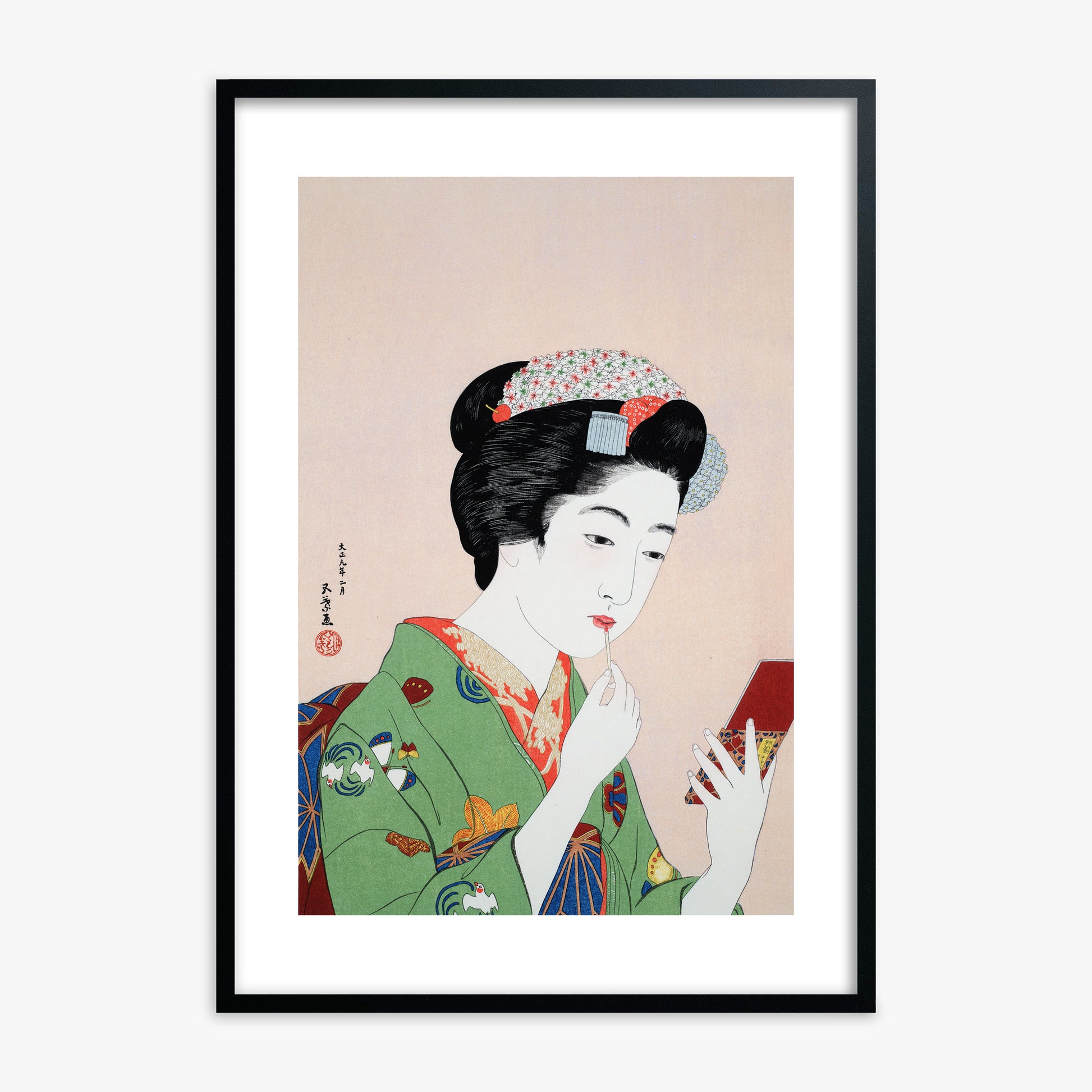 Goyō Hashiguchi: Woman Applying Rouge, Black Framed Art Reproduction With Black Frame