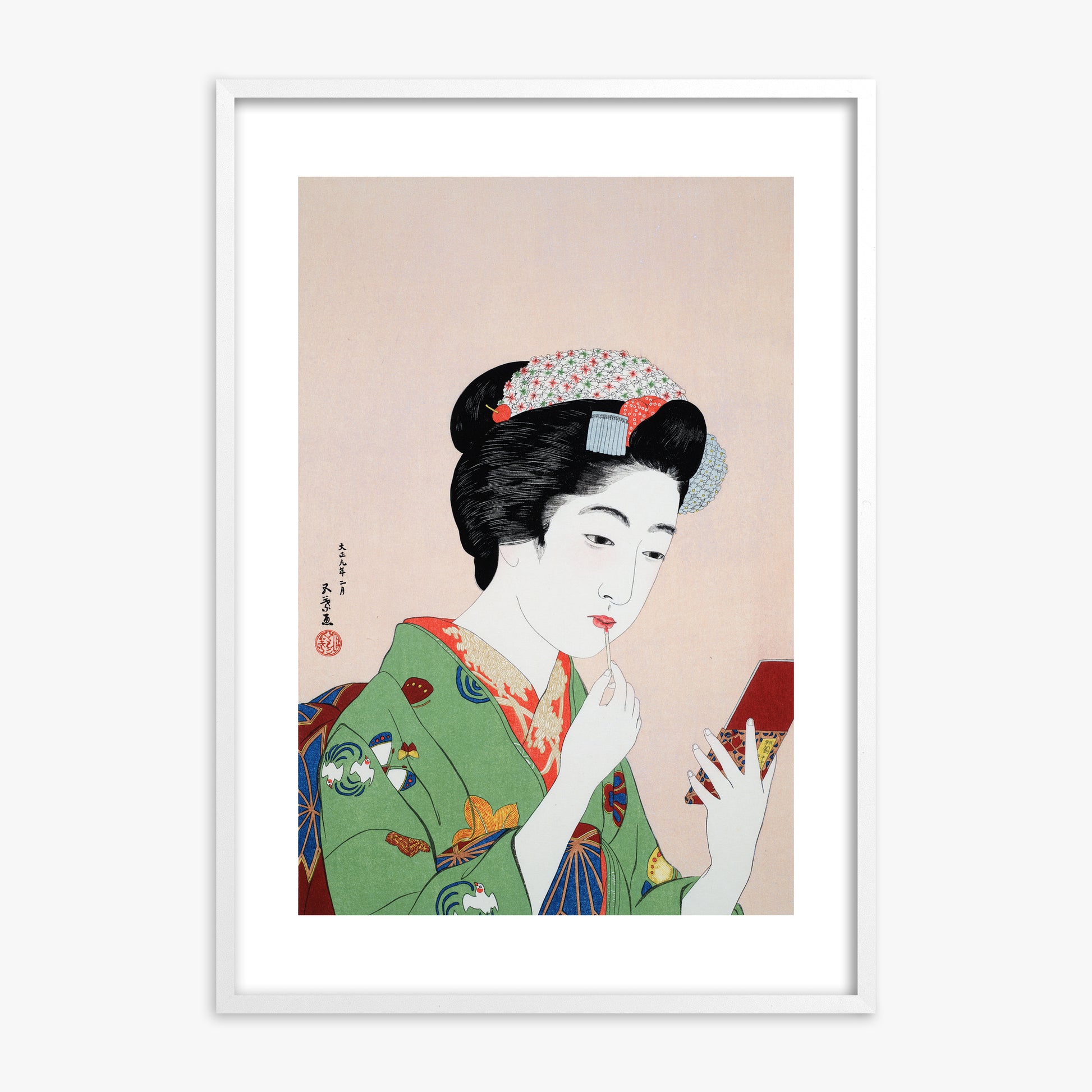 Goyō Hashiguchi: Woman Applying Rouge, White Framed Art Reproduction With White Frame