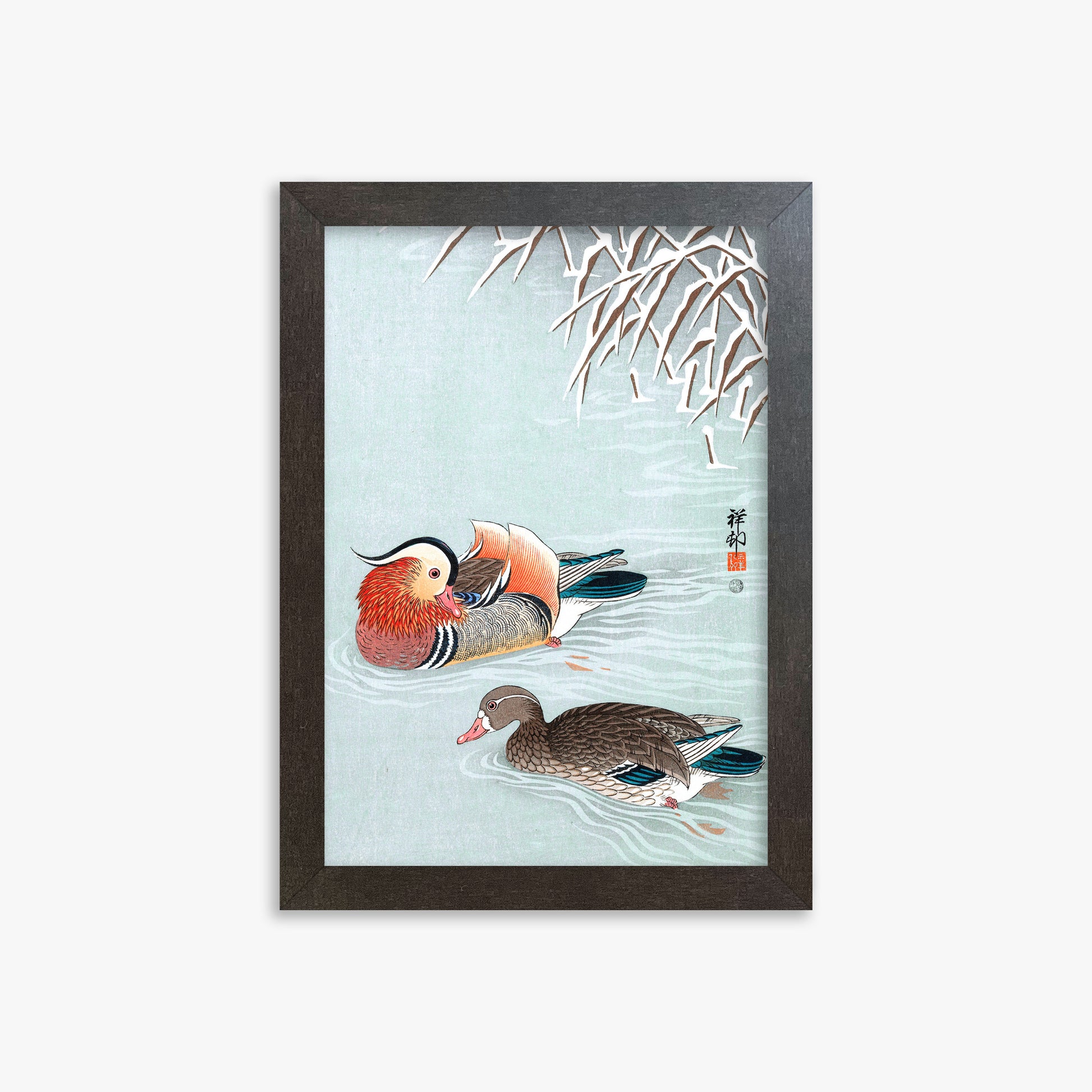 Ohara Koson: Mandarin Ducks, 21x30cm Framed Art Reproduction With Espresso Frame