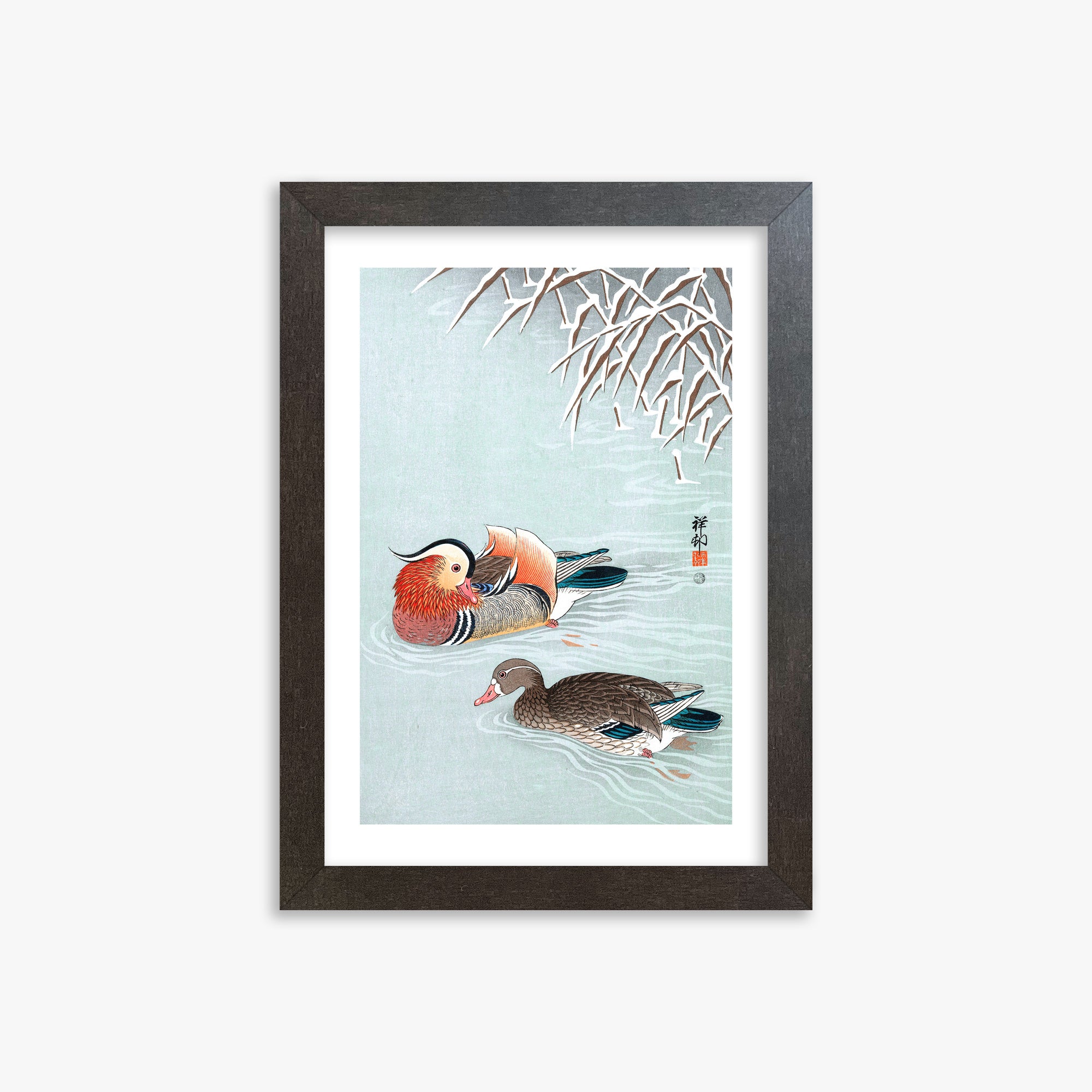 Ohara Koson: Mandarin Ducks, 21x30cm Framed Art Reproduction With Espresso Frame
