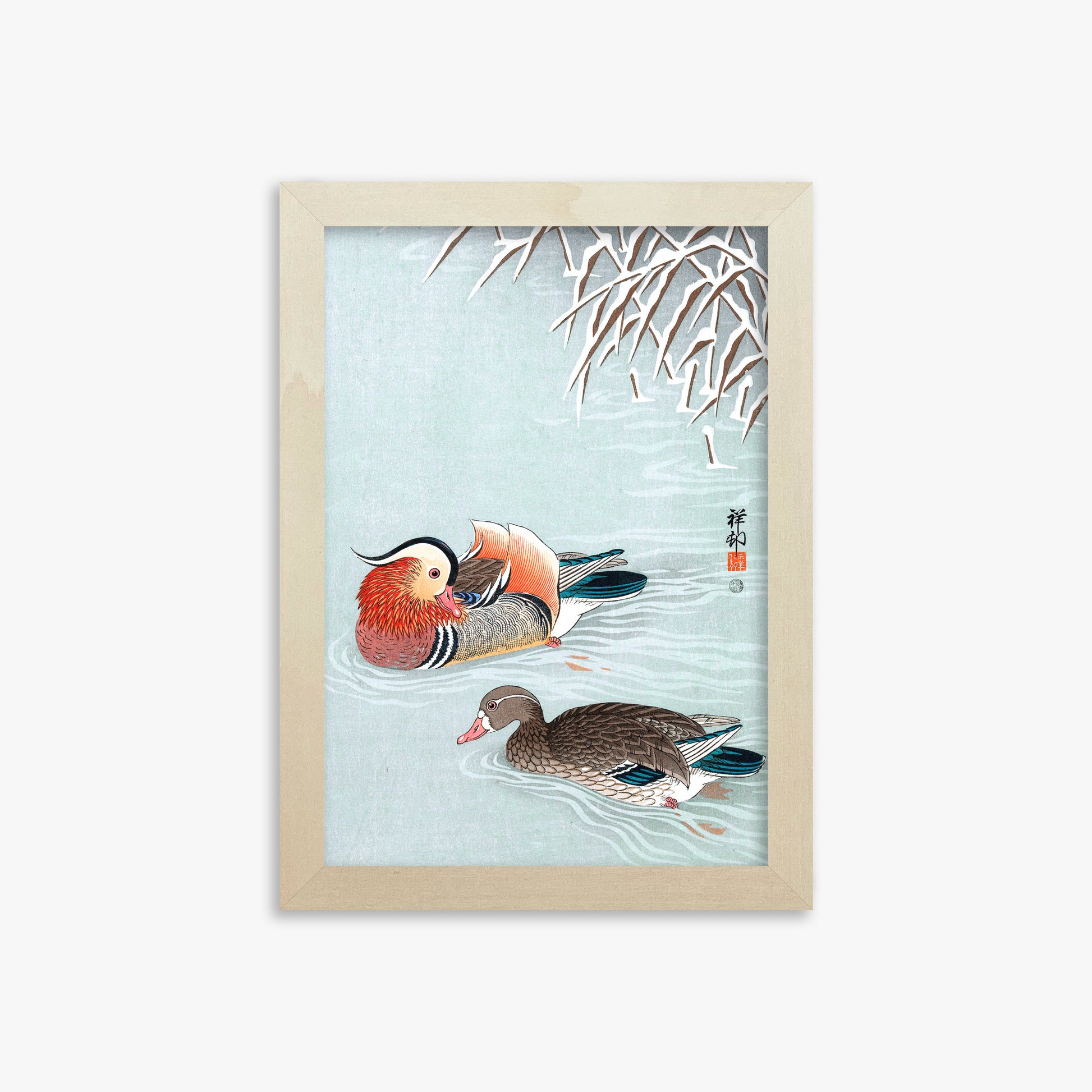 Ohara Koson: Mandarin Ducks, 21x30cm Framed Art Reproduction With Lime Wood Frame