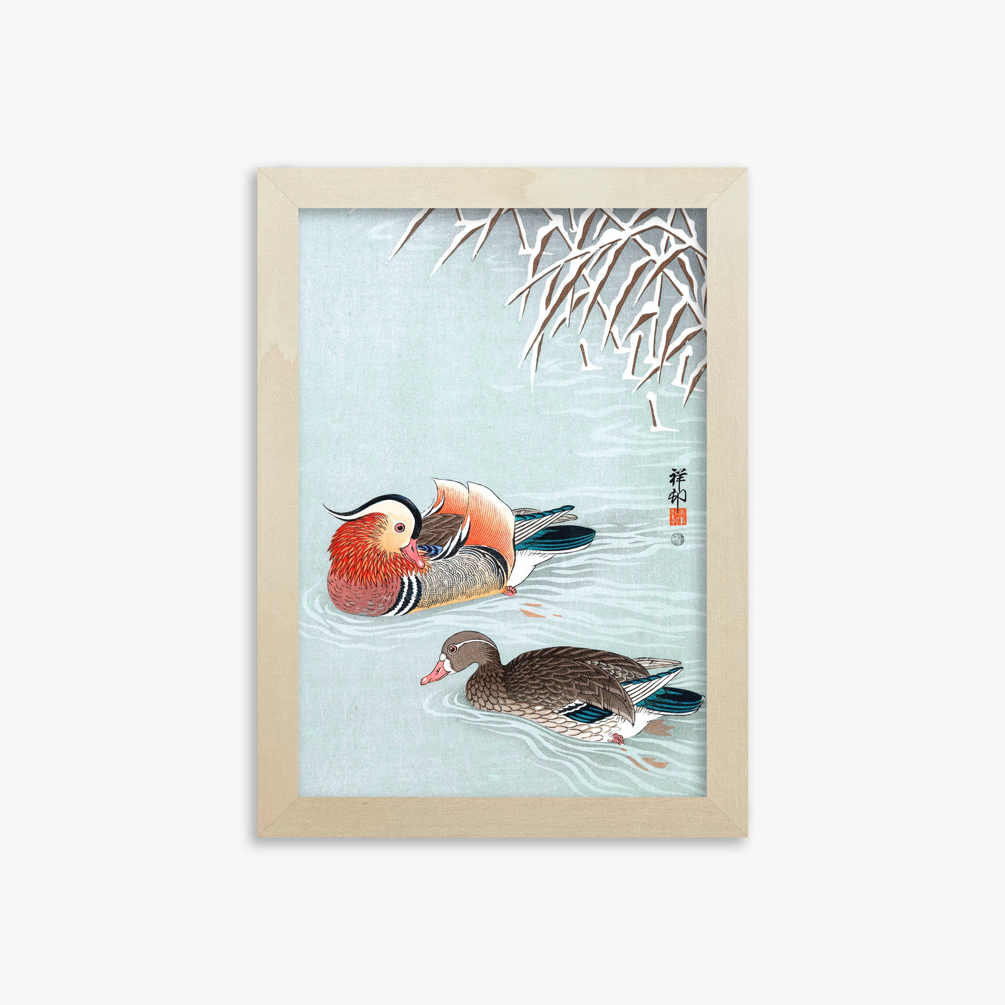 Ohara Koson: Mandarin Ducks, 21x30cm Framed Art Reproduction With Lime Wood Frame
