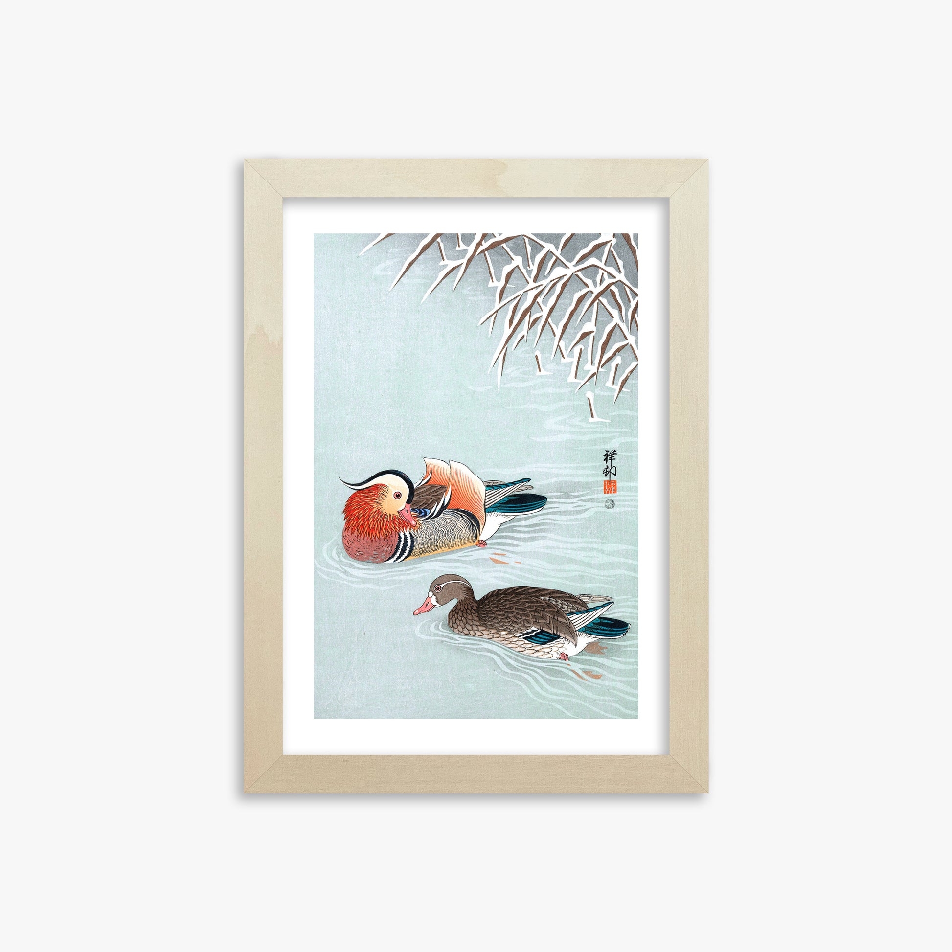 Ohara Koson: Mandarin Ducks, 21x30cm Framed Art Reproduction With Lime Wood Frame