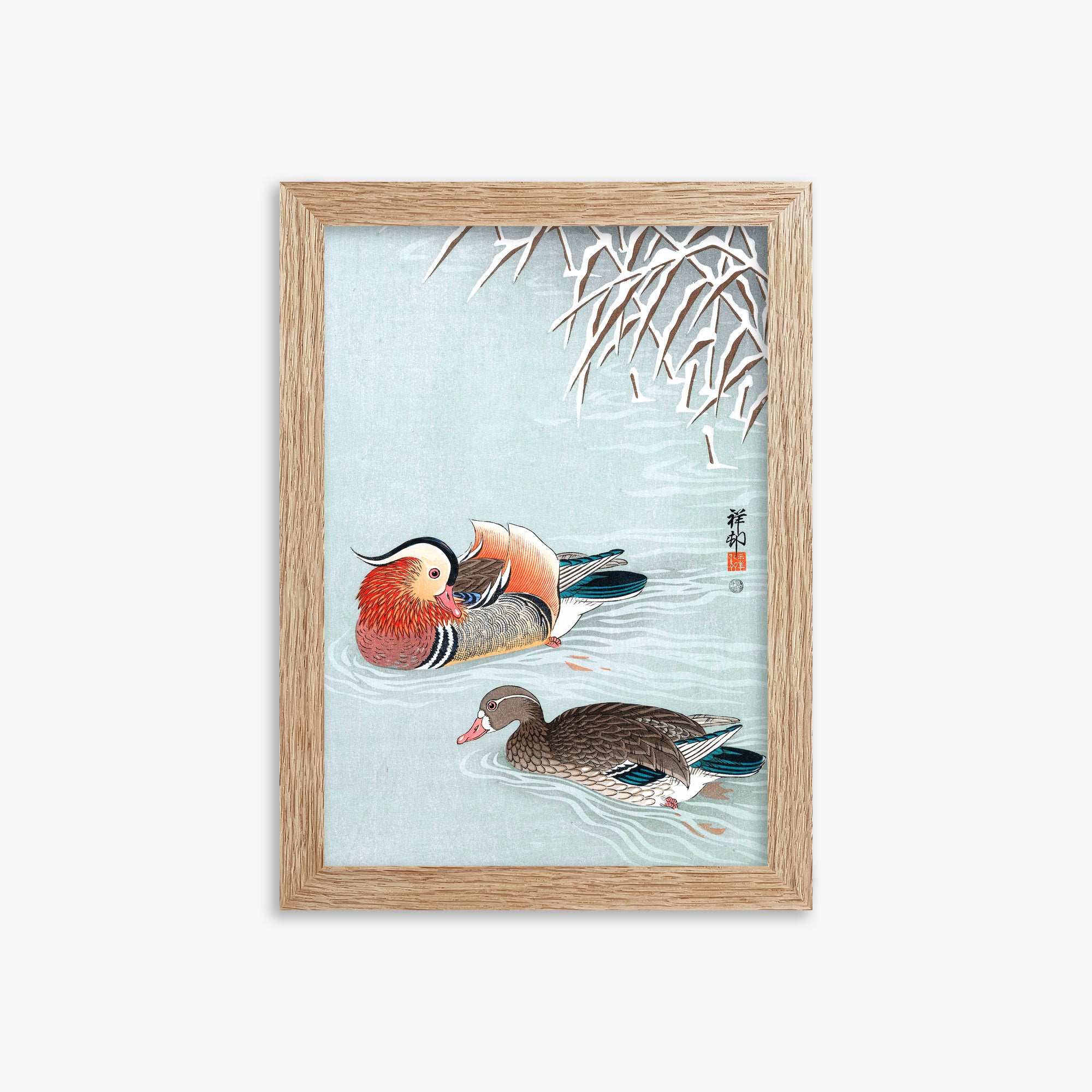Ohara Koson: Mandarin Ducks, 21x30cm Framed Art Reproduction With Raw Oak Frame