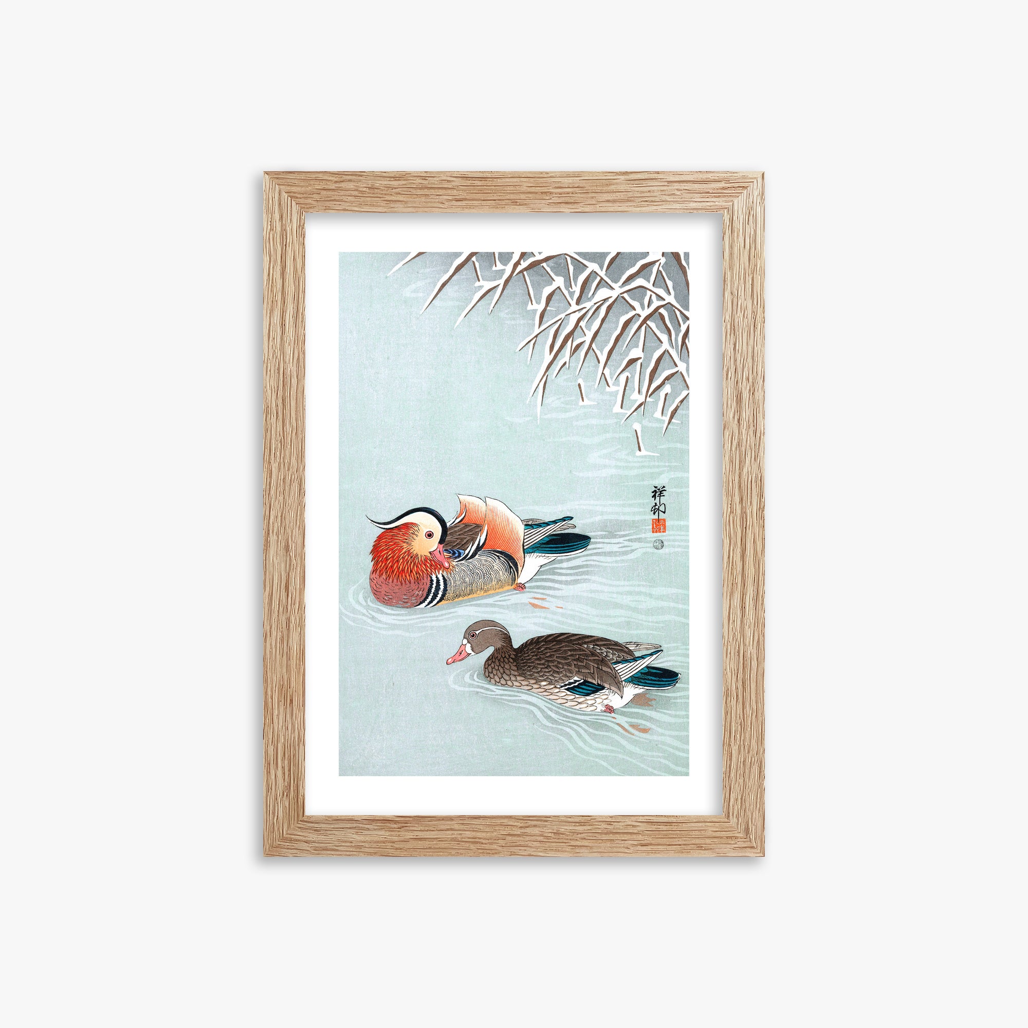 Ohara Koson: Mandarin Ducks, 21x30cm Framed Art Reproduction With Raw Oak Frame